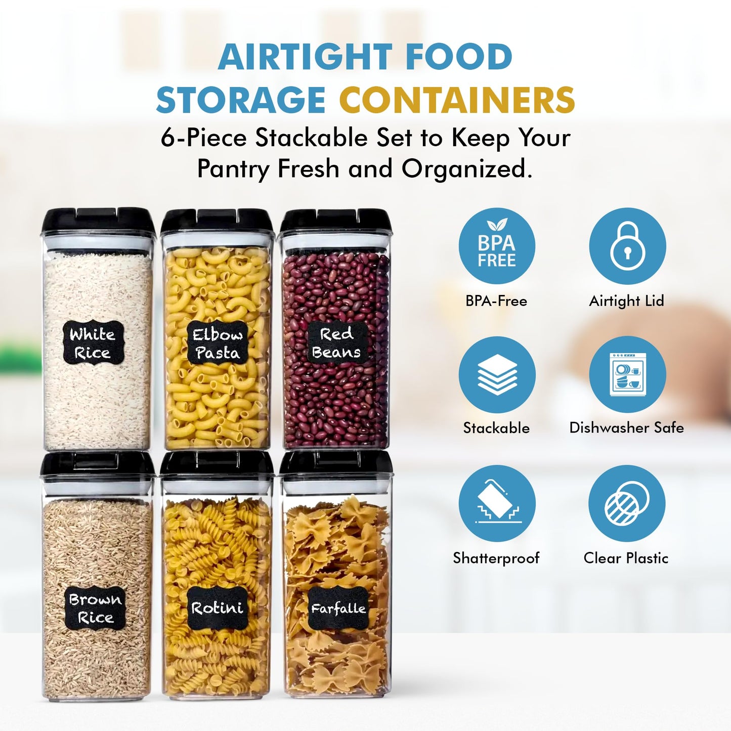 Shazo Airtight Food Storage Containers with Lids - 6 PC BPA Free Clear Plastic Cereal Containers with Easy Lock Lids for Kitchen and Pantry Organization for Snacks and Pasta - 1.2L
