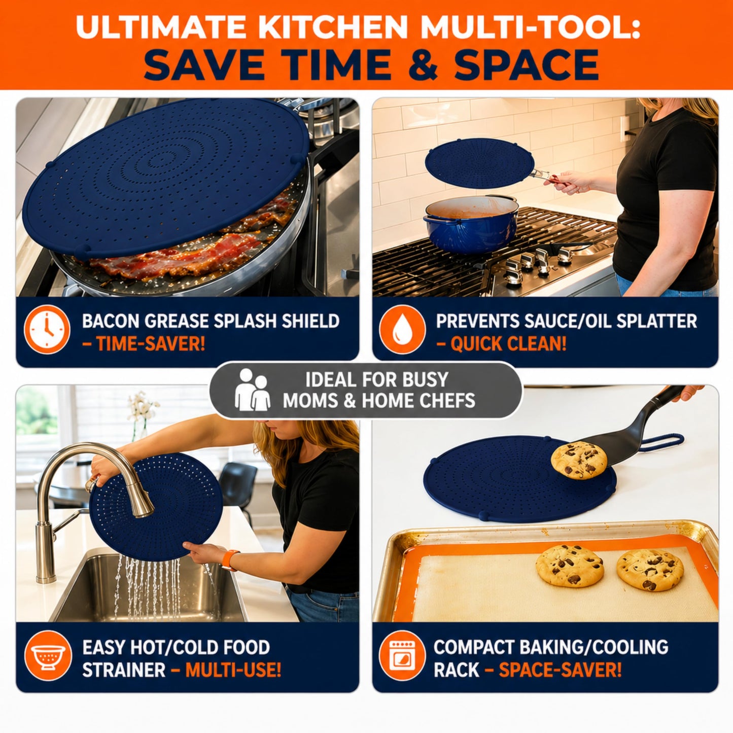 Silicone Splatter Screen for Frying Pan, 13” Navy – Grease & Oil Splatter Guard, Heat Resistant, Dishwasher Safe, Foldable Handle with Sleeves – Splash Guard Fits 10–12” Pans, Most 13” Skillets