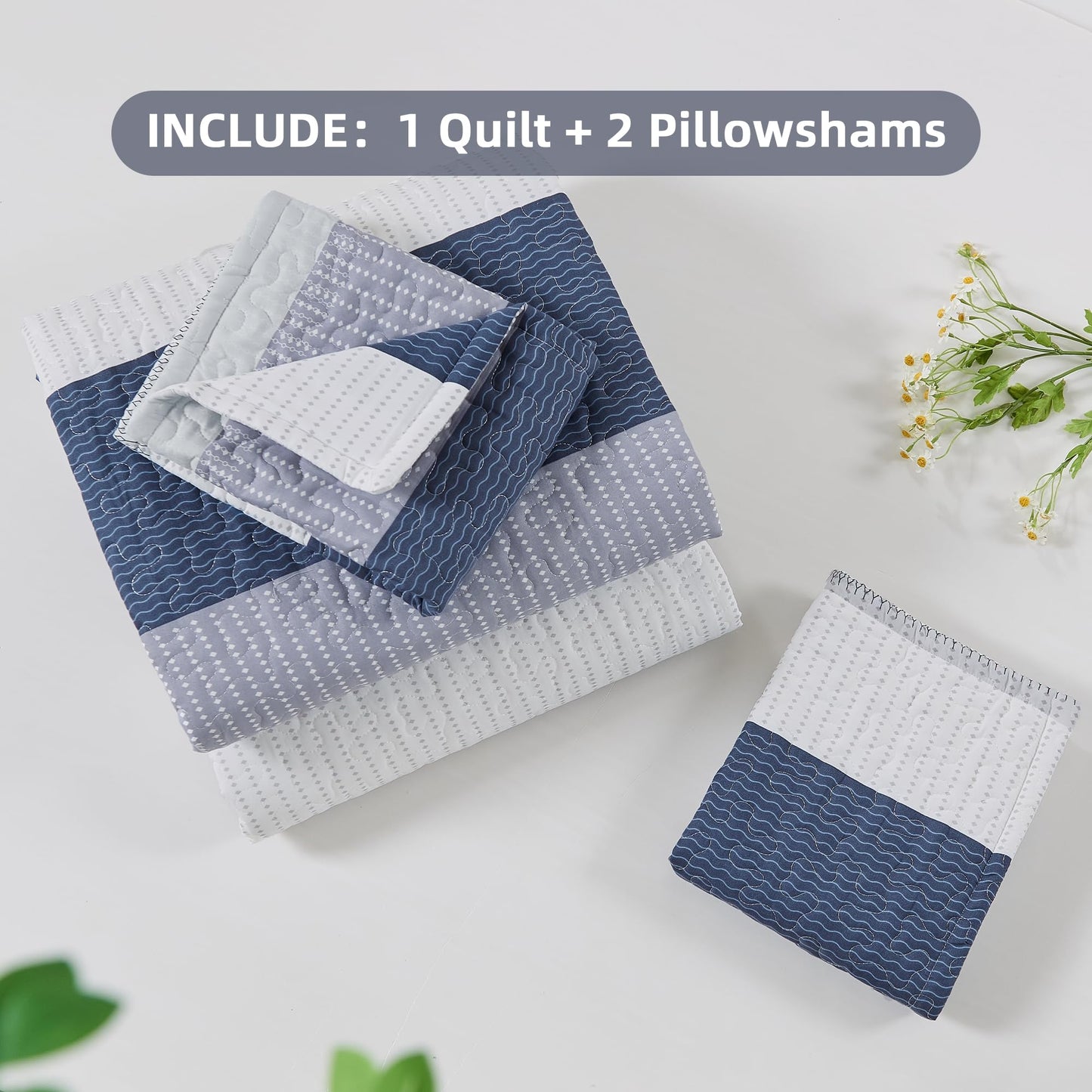 Andency Queen Quilt Bedding Set Mineral Blue, 3 Pieces Patchwork Summer Striped Ultra Soft Lightweight Bedspreads, Coverlets Set with 2 Pillow Shams for All Seasons (90"x96")