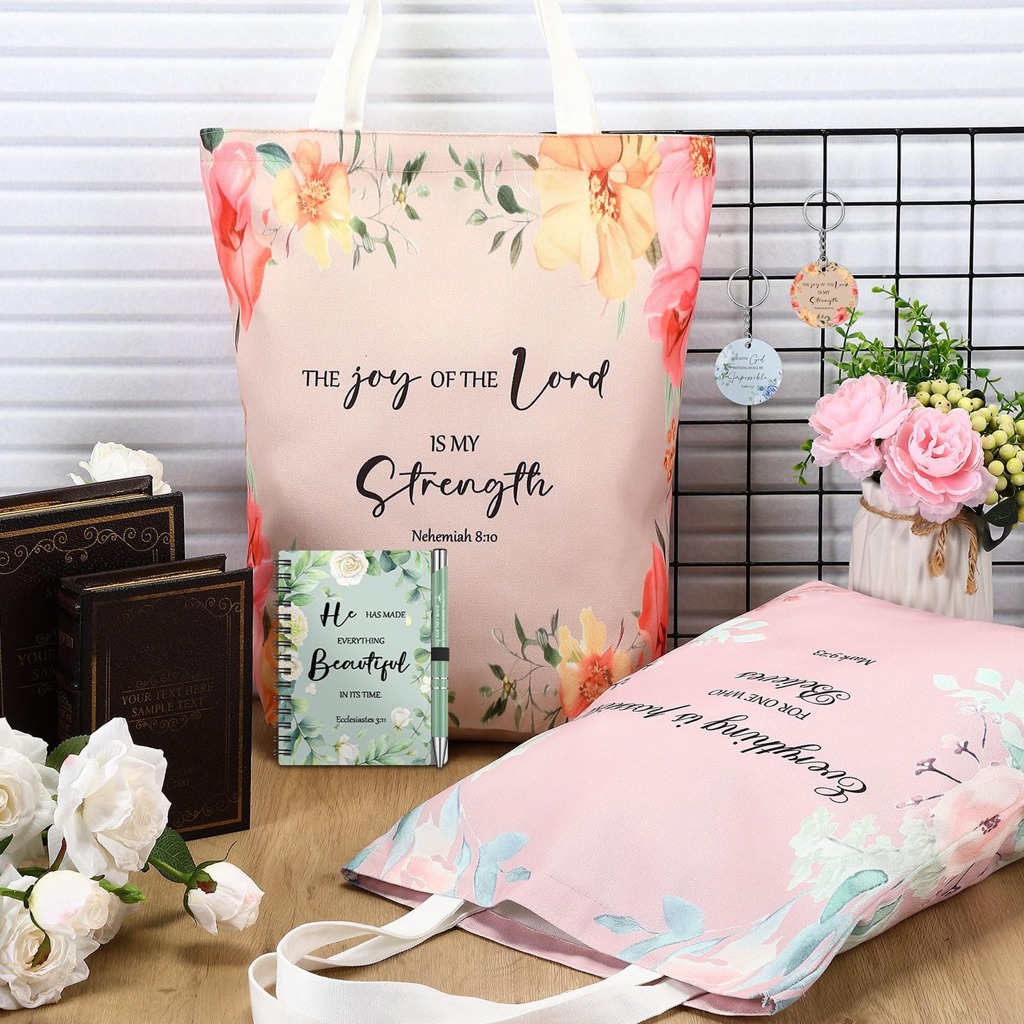 Sayglossy 10 Sets Christian Gifts Bulk Include Christian Tote Bags Scripture Notebooks Bible Verse Pens Keychains Inspirational Religious Church Gifts for Coworkers Employees Sunday Father's Day