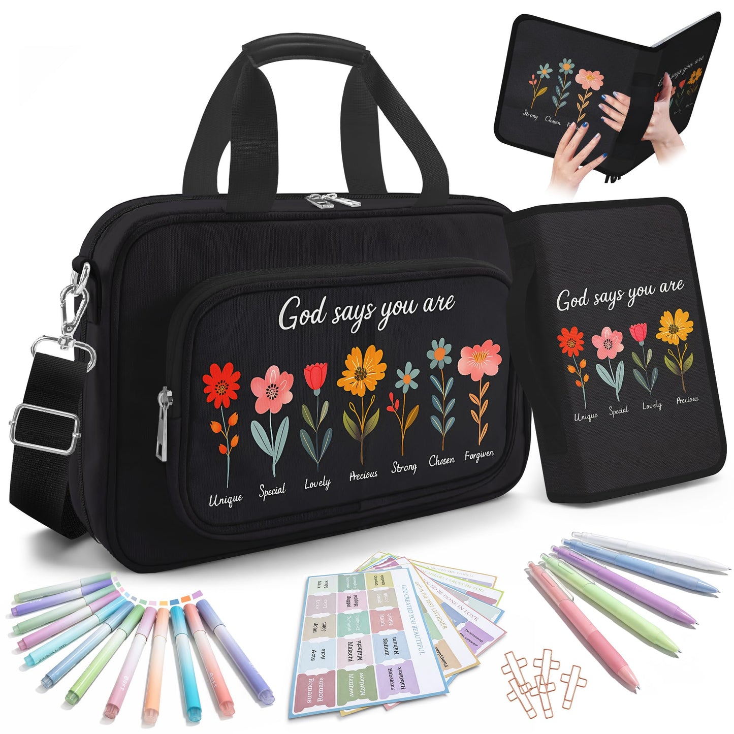 WOHAXAHOW Large Bible Bags for Women Organizer with Bible Cover Case, Bible Cover Study Supplies Bible Journaling Kit Book Carrying Case with Bible Highlighters Tabs, Christian Gift for Women Mom