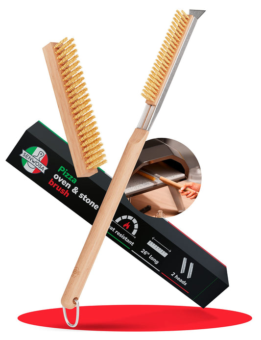 Senwosa 26” Pizza Oven Brush with Stone Scraper - Heat Resistant Stainless Steel Bristles, Extra Long Handle - Compatible with Ooni, Gozney & Similar Ovens - Includes Spare Head
