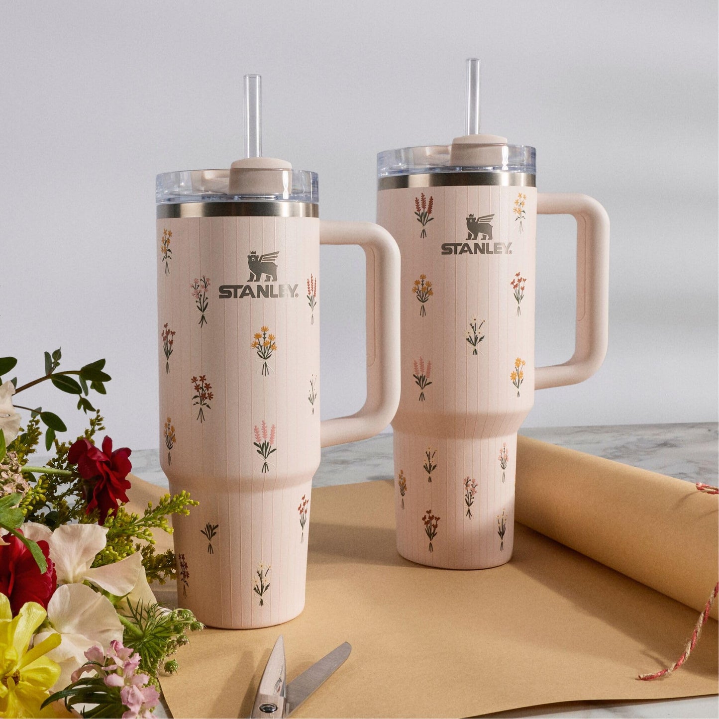 STANLEY Quencher H2.0 Tumbler with Handle and Straw | Cup Holder Compatible | Insulated Stainless Steel Cup | Mother's Day | BPA-Free | 30 oz | Rose Quartz Bouquets