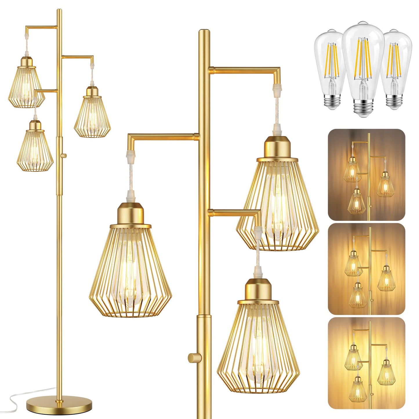 QiMH Industrial Floor Lamps for Living Room, Tree Standing Lamp with Stepless Dimmable, 68" Modern Tall Lamps for Bedroom Study Home Office, Rotary Switch, 3 LED Bulb Included, Gold