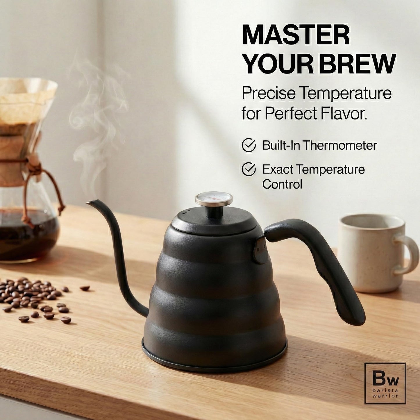Barista Warrior Gooseneck Kettle with Thermometer - 1.2L Pour Over Coffee & Tea Kettle, 18/8 Matte Black Gooseneck Kettle Pot, Precision Pour Drip Spout, Suitable for All-Stoves (40 fl oz)