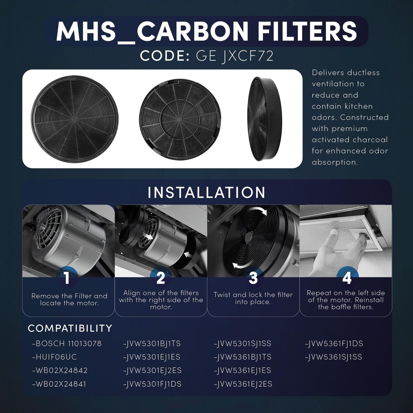 Charcoal Filter for Range Hood for GE JXCF72, WB02X24842, WB02X24841 and BOSCH 11013078, HUIF06UC MHS FILTERS (2PCS)