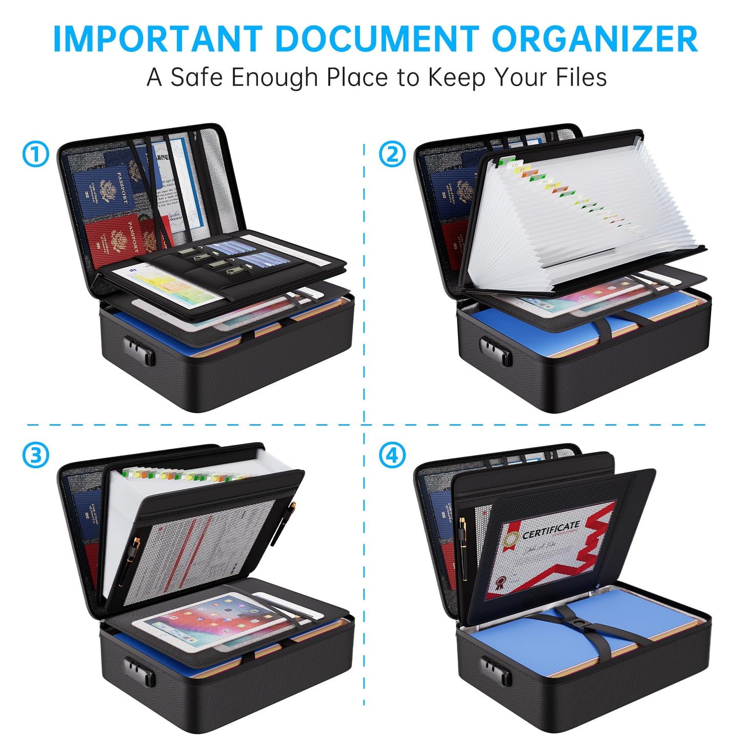 ENGPOW Fireproof Document Box with Lock,5200℉ Soft Case Fireproof Box with 25 Pocket Accordion File Folder,Multi-Layer Fireproof Water Resistant File Organizer Storage for Important Documents,Laptop