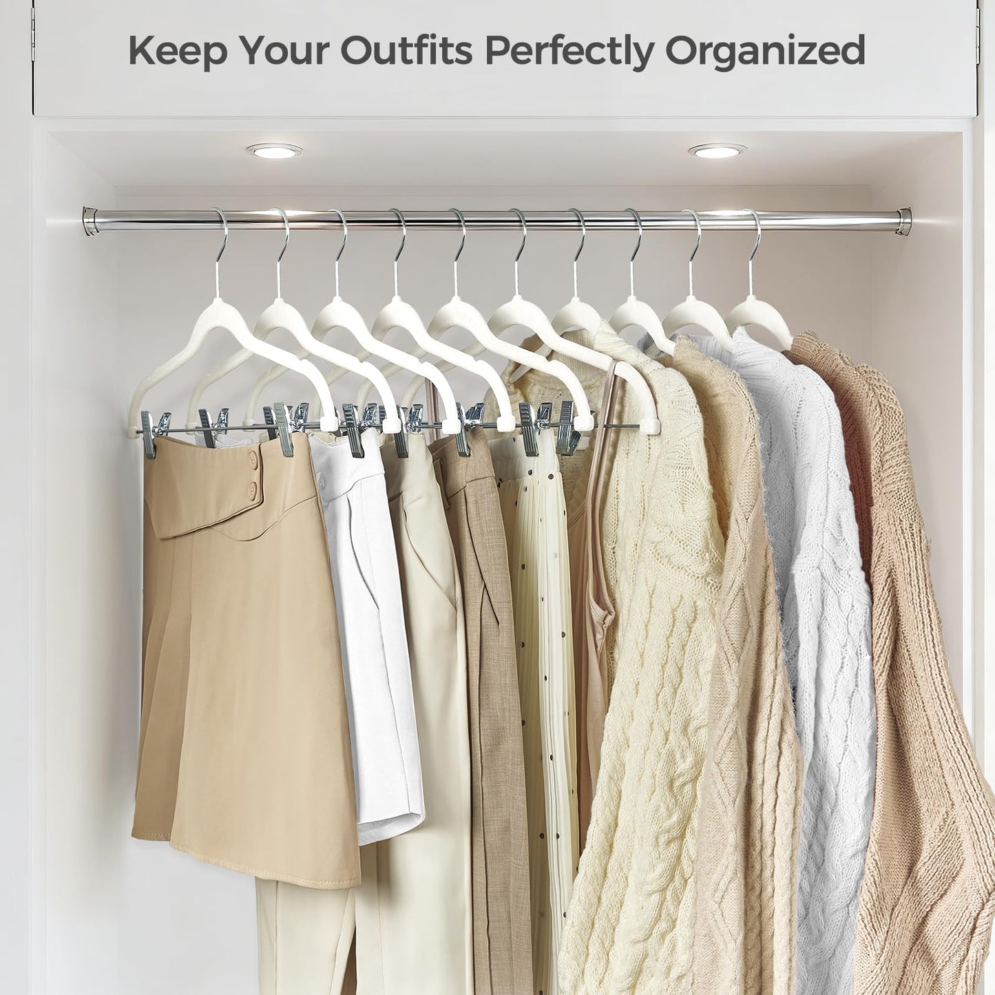HOUSE DAY Velvet Hangers with Adjustable Clips 20 Pack, Non-Slip Suit Organizer with 360° Hook - Heavy Duty Hanger for Pants, Skirts, Blouses, Dresses - Outfit Hangers All-Season Space Saver (Ivory)