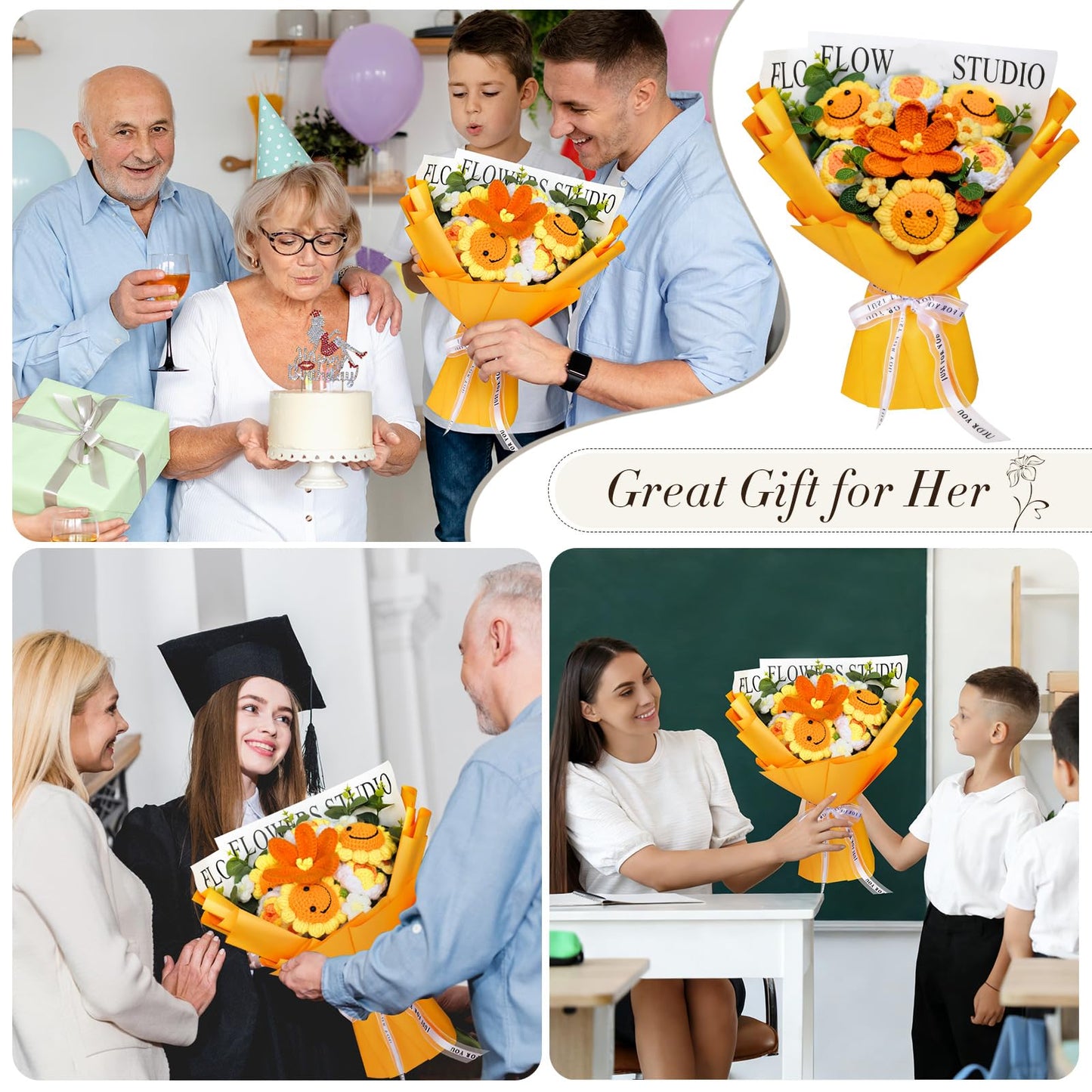 Bnoiiok Crochet Flower Bouquet, Handmade Knitted Flowers Bouquet,Orange Crochet Bouquet, Crochet Sunflower Unique Gift for Women Wife Teacher Birthday Anniversary Graduation Gifts