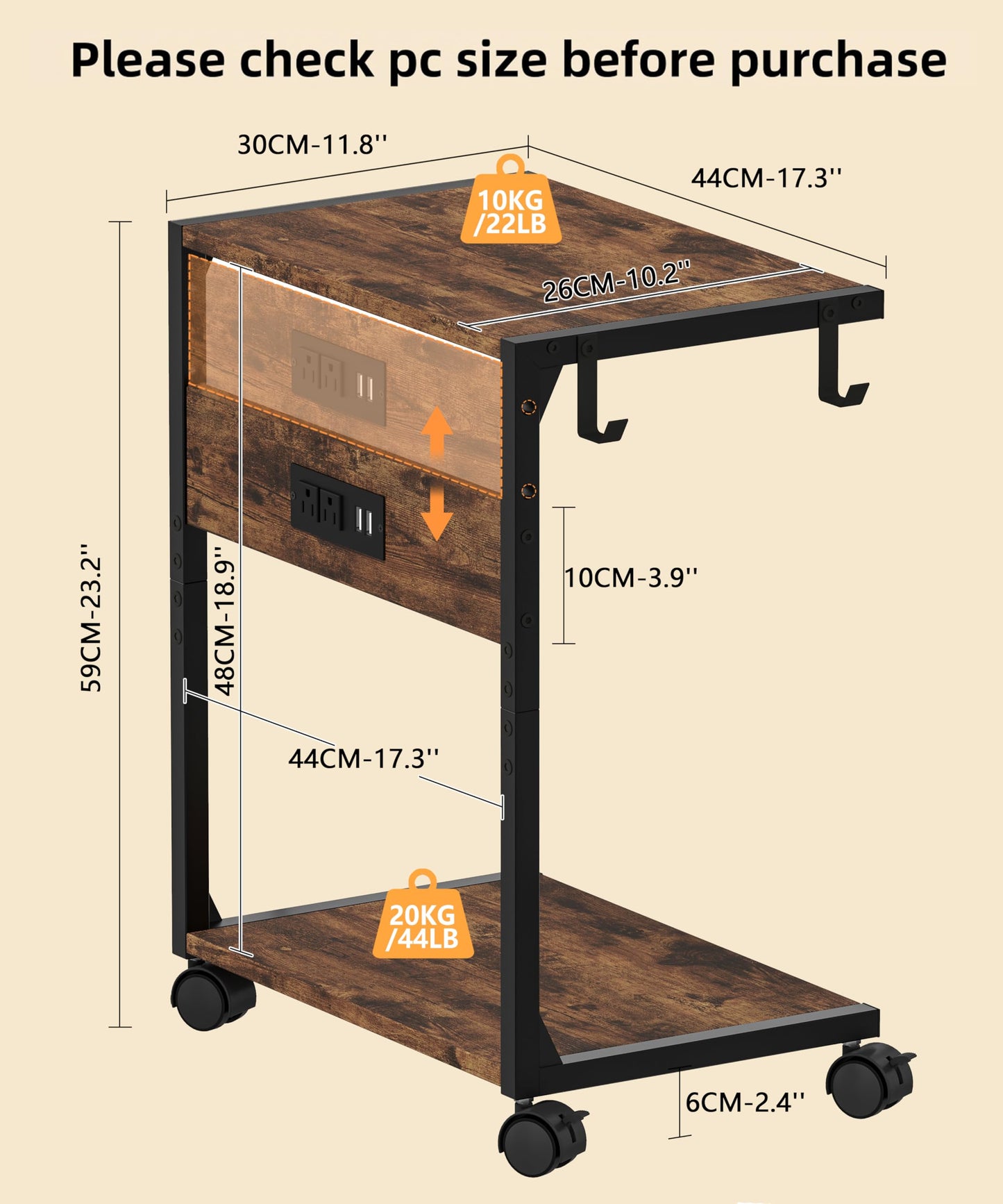 Akxomel 2 Tier Computer Tower Stand with Charging Station, 11.8" D x 16.5" W Rolling Floor PC Tower Stand Fits Under Desk, CPU Holder Cart for Carpet with Hooks, C Shaped End Table for Home Office