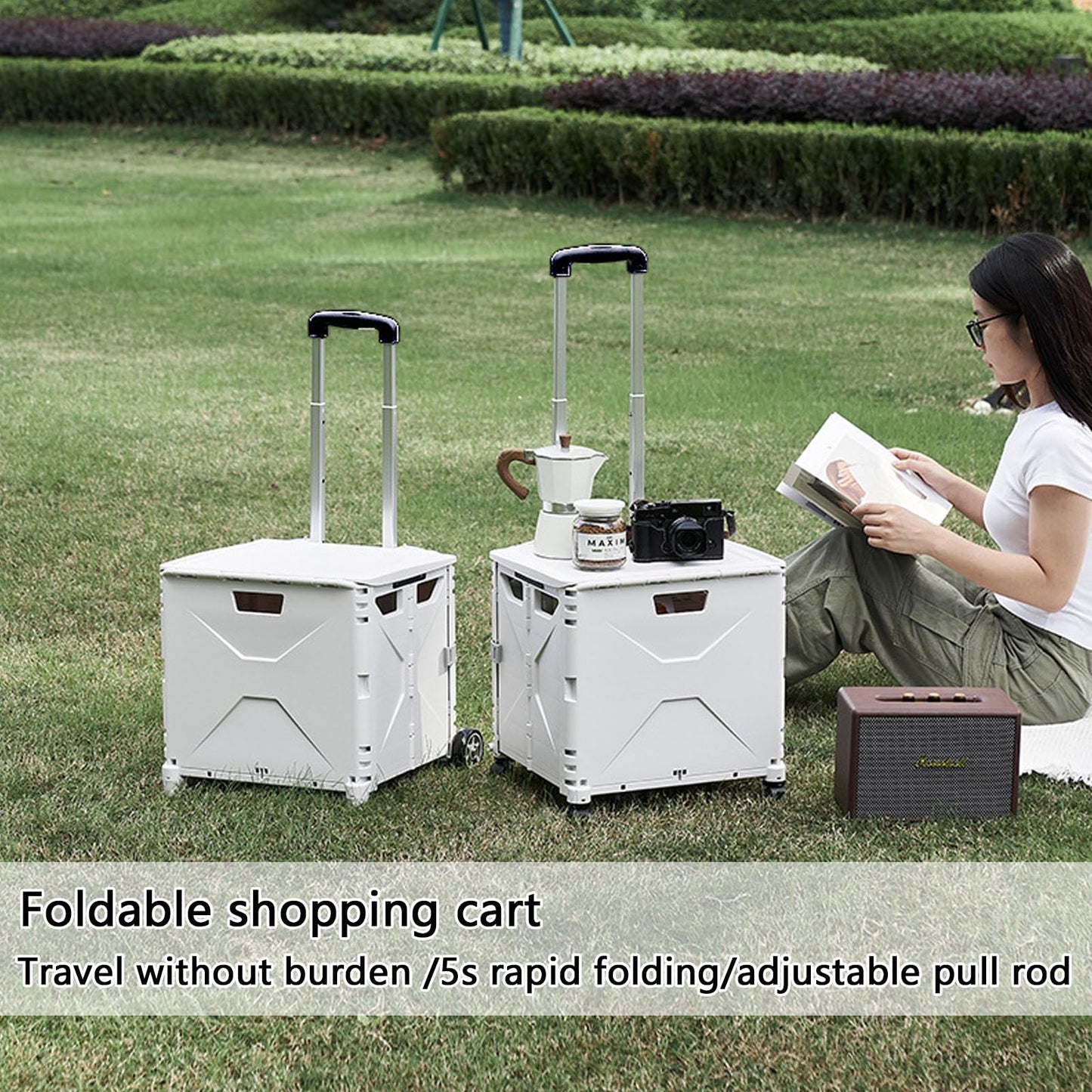 QIYUNI Collapsible Rolling Crate on Wheels for Teachers - Heavy Duty Plastic Teacher Tote Basket with Capacity, Durable Wheels, and Multi-Functional Design for Classroom, Shopping, or Travel (White)