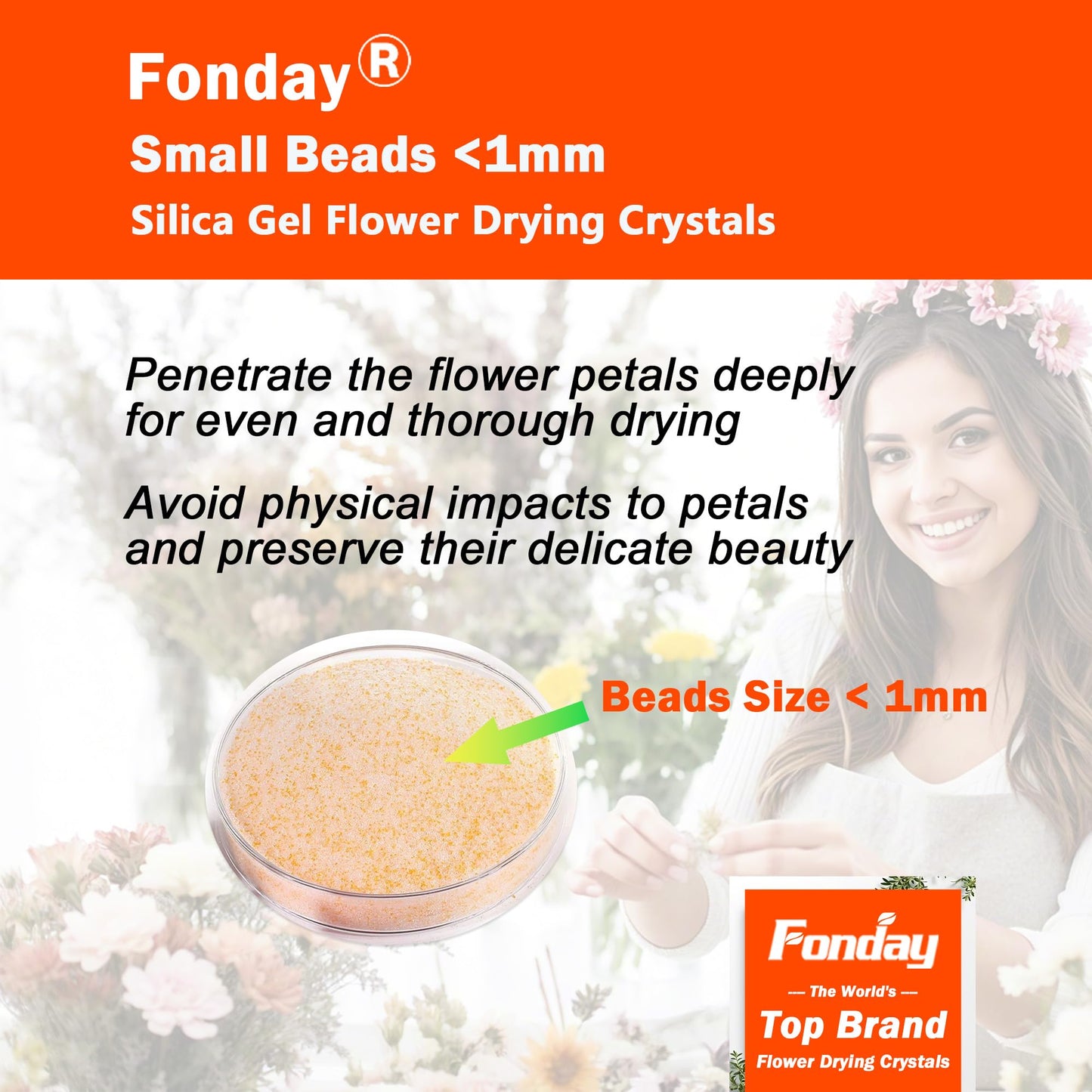 Fonday Silica Gel Flower Drying Crystals for Wedding Bouquet Preservation Color Indicating Reusable Bead Size Less Than 1mm (5LBS 3-in-1 with Sealed Container and Brush)