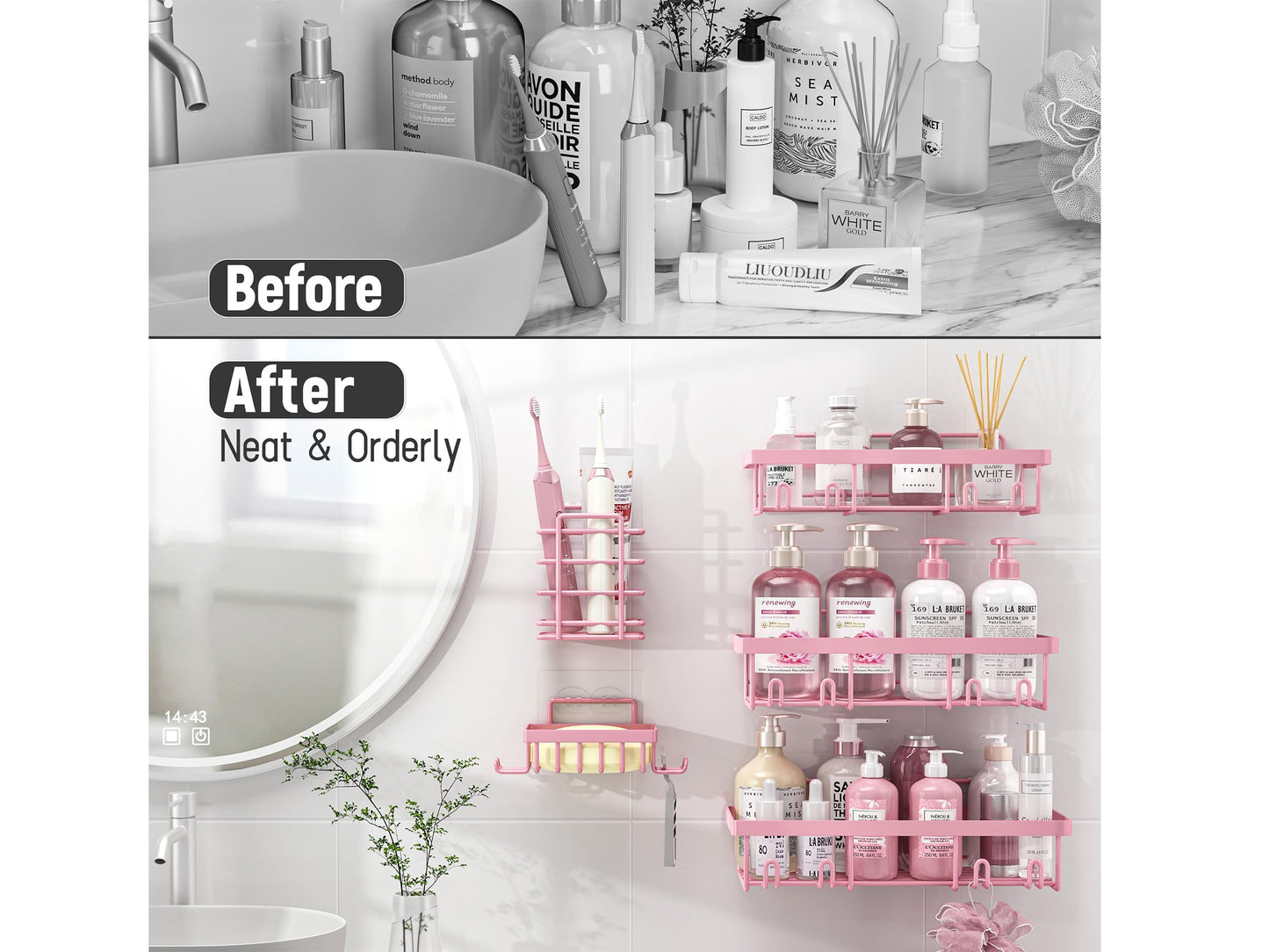 Liuoud 5 Pack Shower Caddy Organizer Rack Shelf for Inside Shower, Adhesive Bathroom Wall Storage Basket Rustproof Stainless Steel Shampoo Holder, Girly Bathroom Accessory Decor Set, Pink