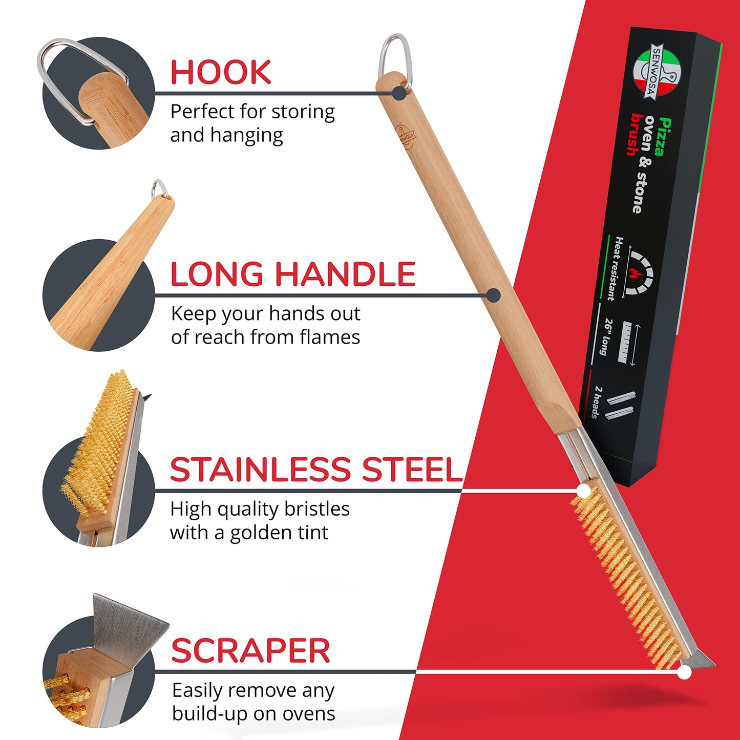 Senwosa 26” Pizza Oven Brush with Stone Scraper - Heat Resistant Stainless Steel Bristles, Extra Long Handle - Compatible with Ooni, Gozney & Similar Ovens - Includes Spare Head