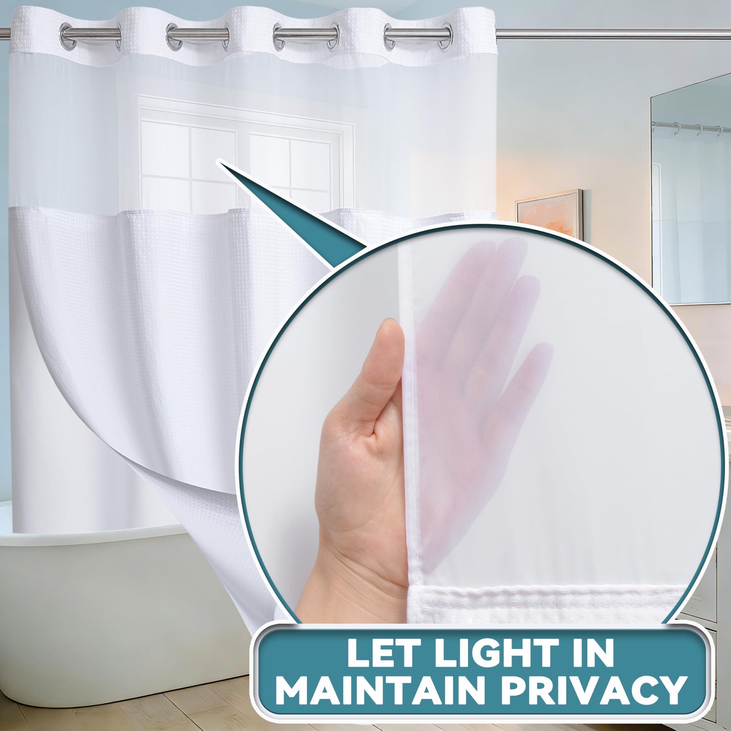 Conbo Mio No Hook Waffle Weave Shower Curtain with Snap in Liner Set, Hotel Luxury White Shower Curtains for Bathroom with See Through Top Window, Waterproof, Washable 71W x 74H
