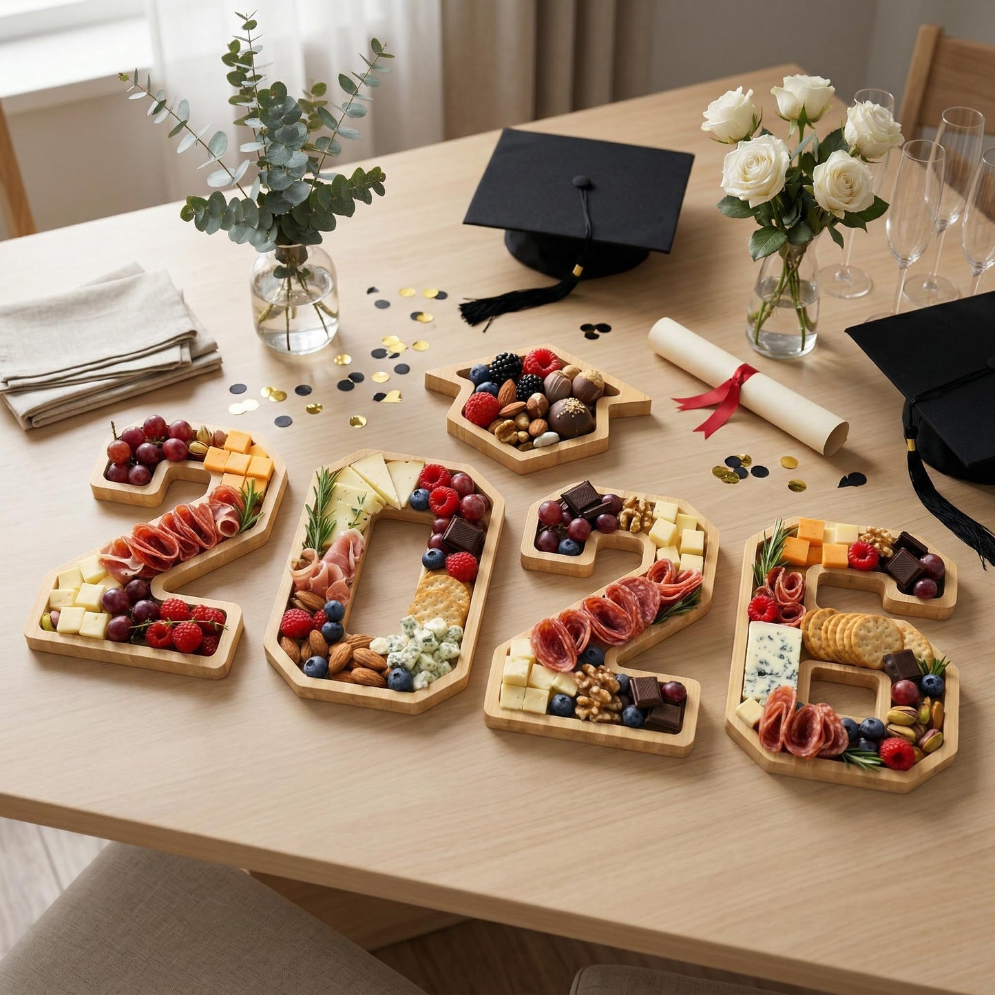 2026 Graduation Decorations - Table Centerpieces - 2026 Numbers Charcuterie Board with Graduation Cap - Serving Tray Decoration for Kindergarten Preschool High School College Party Supplies