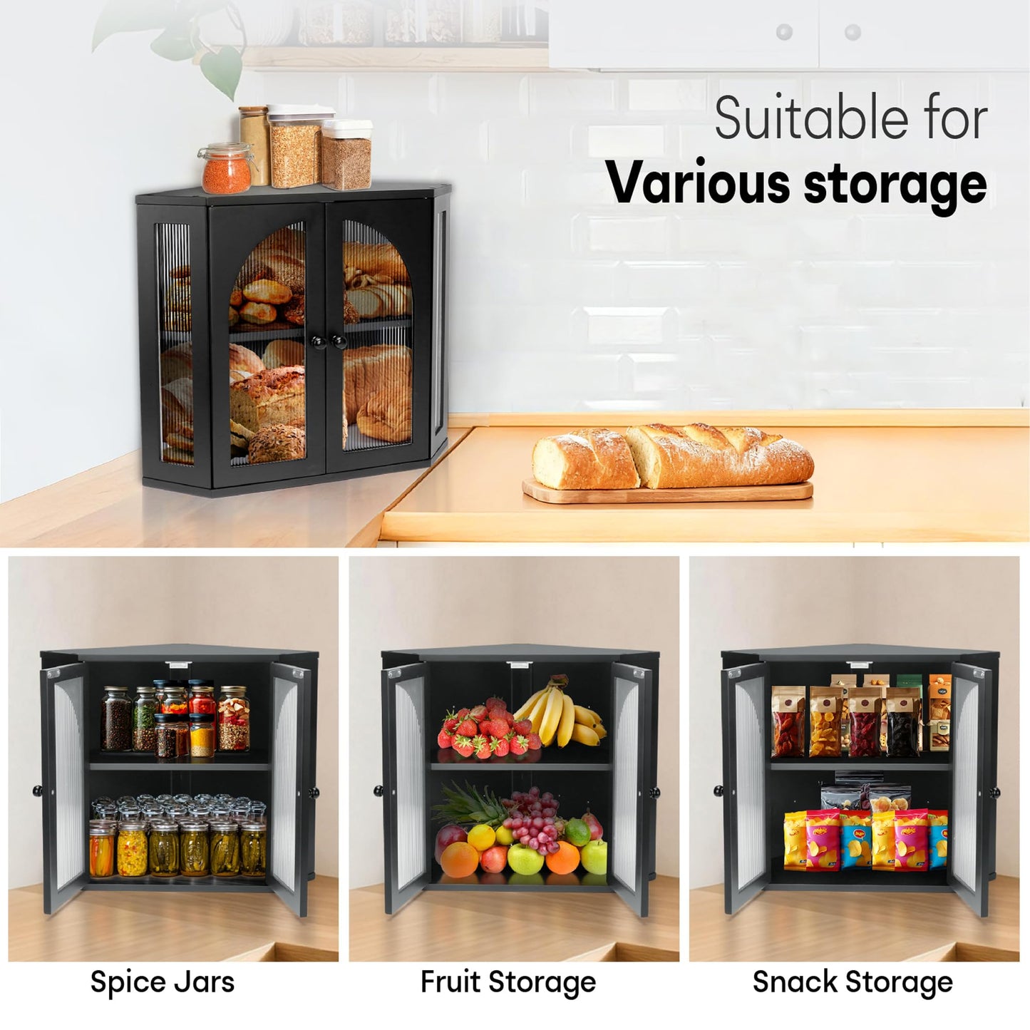 Thalomely Corner Bread Box for Kitchen Countertop, Double Layer Bamboo Bread Storage Container for Homemade Bread, Large Capacity Bread Holder with 3 Adjustable Height for Counter, Breadbox Organizer