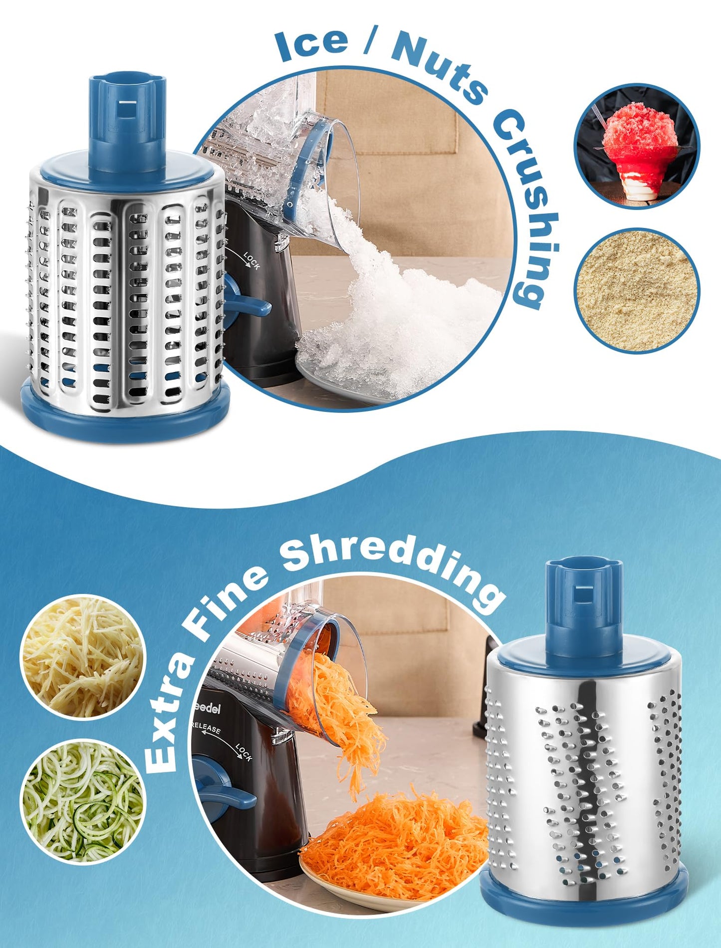 Geedel Rotary Cheese Grater Cheese Shredder - Upgraded 5-in-1 Cheese Grater with Handle and Strong Suction Base, Multi-purpose Vegetable Slicer Ice Shaver Nuts Grinder for Cheese, Vegetables, Ice