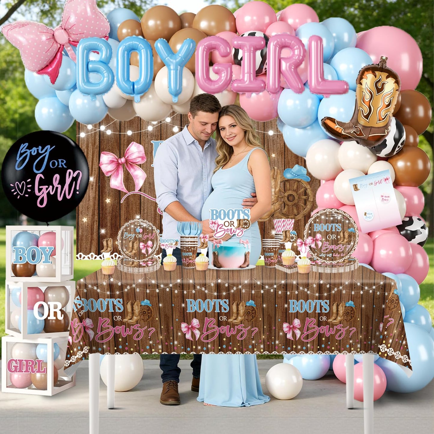 Cocomigo 299 Pcs Boots or Bows Gender Reveal Decorations, Complete Party Set Serves 25, Boots and Bows Gender Reveal Decorations with Plates, Tablecloths, Balloons, and Stickers