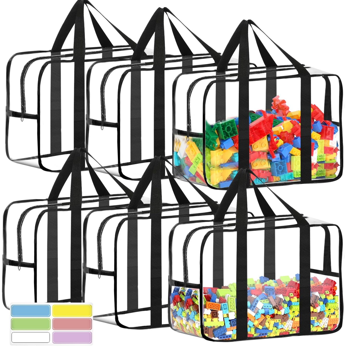 6 Packs XXL Toy Storage Bags 16.5×11.8×6.8In with Labels, Large Capacity Reusable Clear PVC Board Game Storage, Travel Waterproof Organizer Bags with Zipper