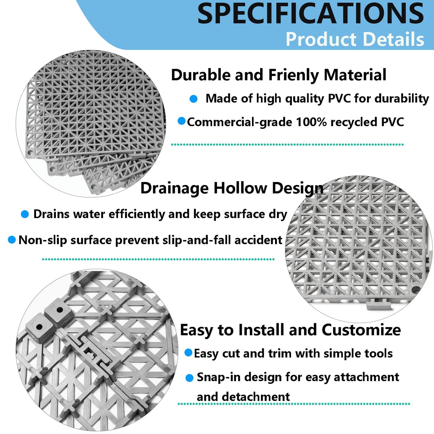 12” x 12” Drainage Interlocking Floor Tiles, 12 Pack Non-Slip Pool Deck Drain Tiles for Flooring, Soft PVC Splicing Modular Cushion Mats, Rubber Floor Tiles with Holes for Shower Basement Garage Shed