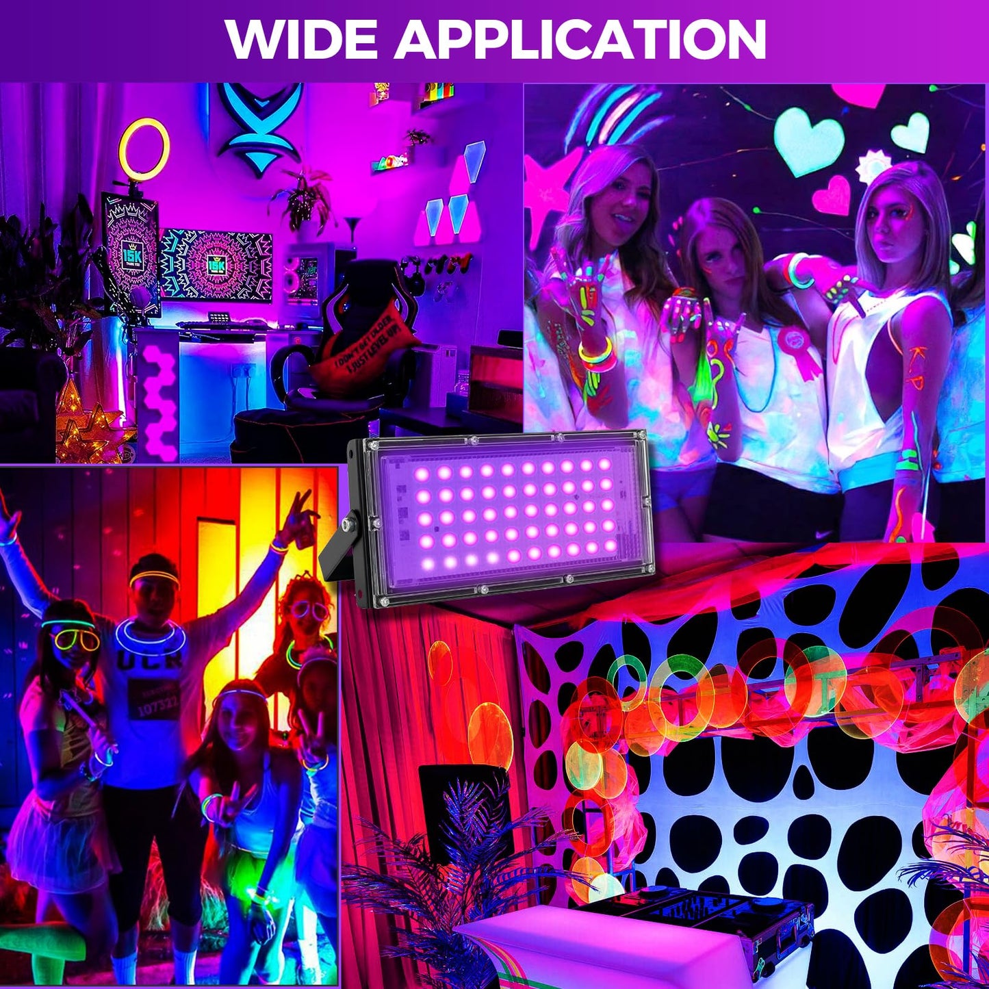 Waygor 50W LED Black Lights for Glow Party, IP65 Waterproof UV Blacklight Floodlight 395nm Black Light Spotlight Purple Black Light Flood Light Fluorescent UV Light Lamp for Halloween Decor (4 Pack)