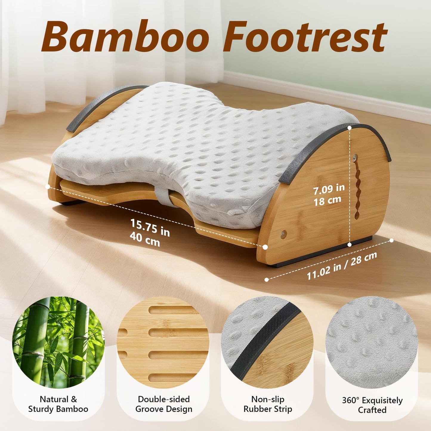 Foot Rest Under Desk, Under Desk Footrest, Foot Stool for Couch, Office Home, Gaming, 4-in-1 Bamboo Desk Foot Rest with 6 Adjustable Heights & Massage Cushion & Relieve Pressure on Legs, Waist & Back