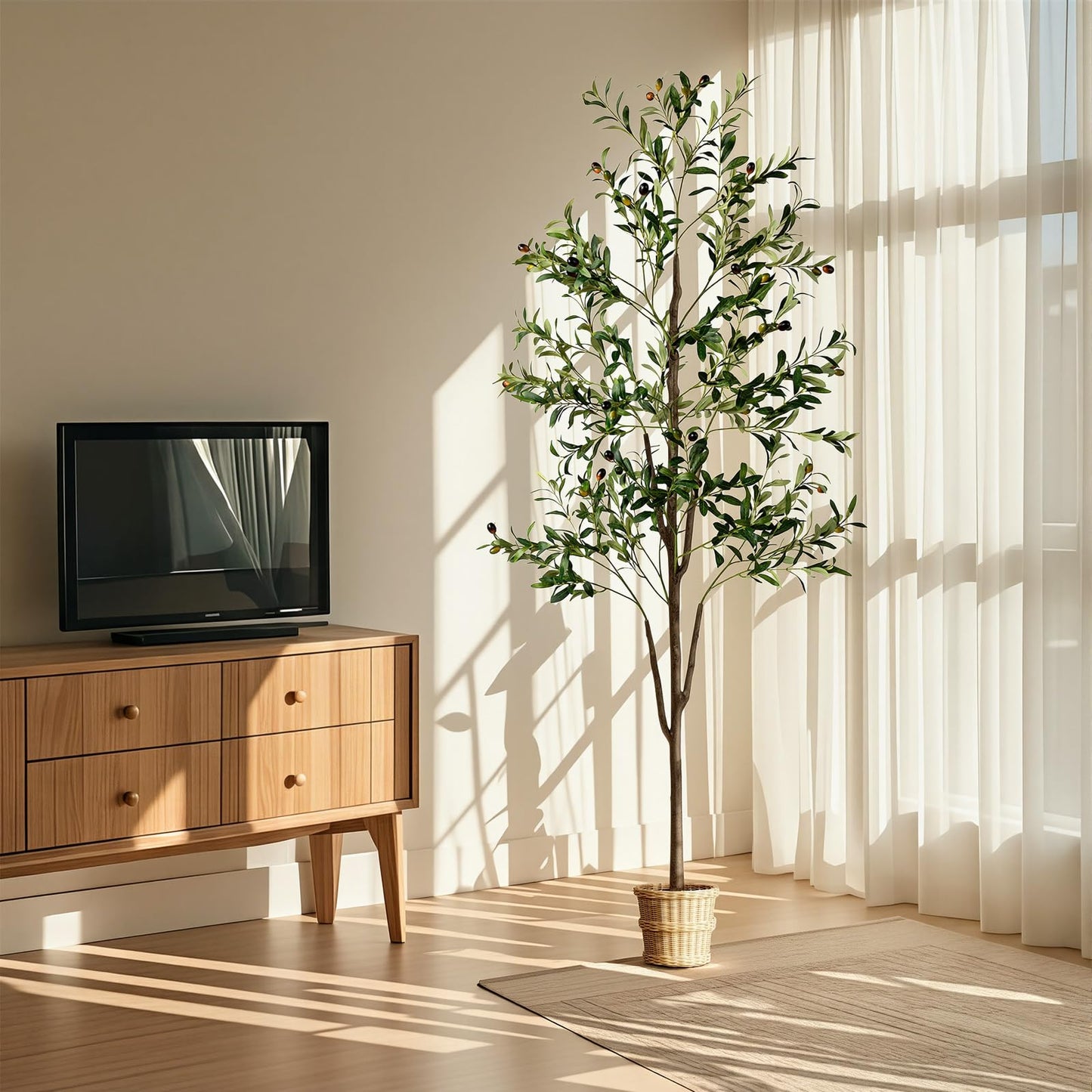 Olive Tree, 6FT Tall Faux Olive Tree with Moss and Planter, Olive Trees Artificial Indoor with Realistic Wood Trunk and Lifelike Fruits, Fake Olive Tree for Home Office Living Room Decor