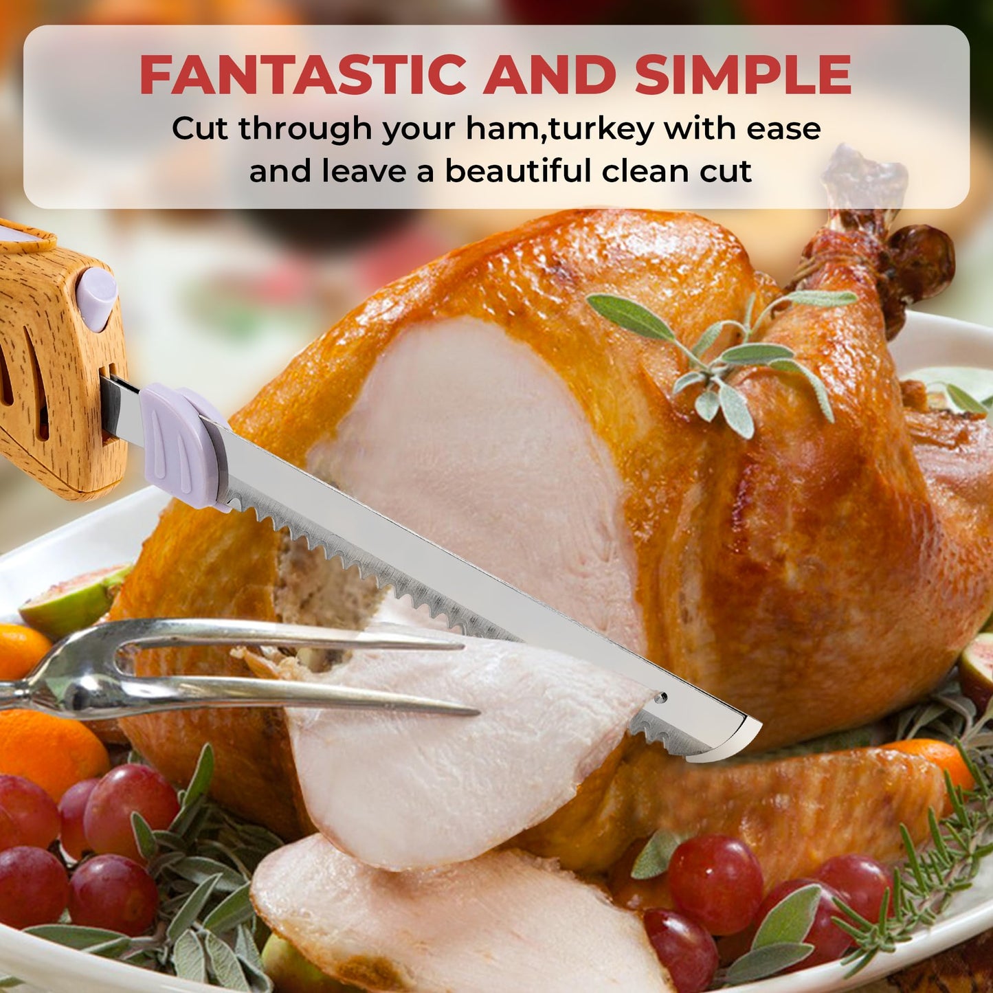 Prikoi Electric Knife - Carving Knife Set, Easy-Slice Serrated Edge Blades for Meat, Bread, Turkey, Ribs, Fillet, DIY, Ergonomic Handle + 2 Blades for Raw & Cooked Food New Upgrade(Faux Wood)