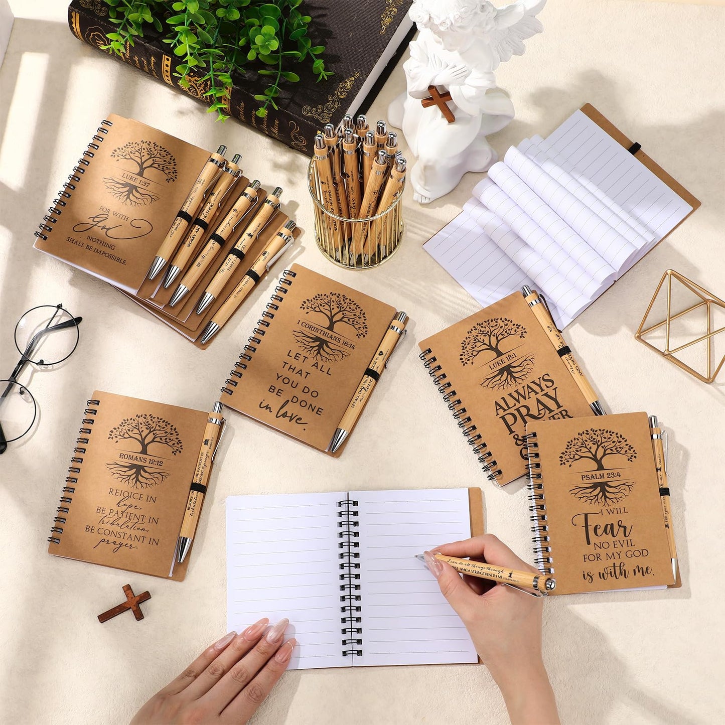 Kosiz 40 Pcs/20 Set Fathers Day Christian Gifts Bulk Religious Spiral Notebook with Bible Verse Pen Prayer Journal Inspirational Notepad for Men Women Church Birthday Bible Study (English Tree of Life)