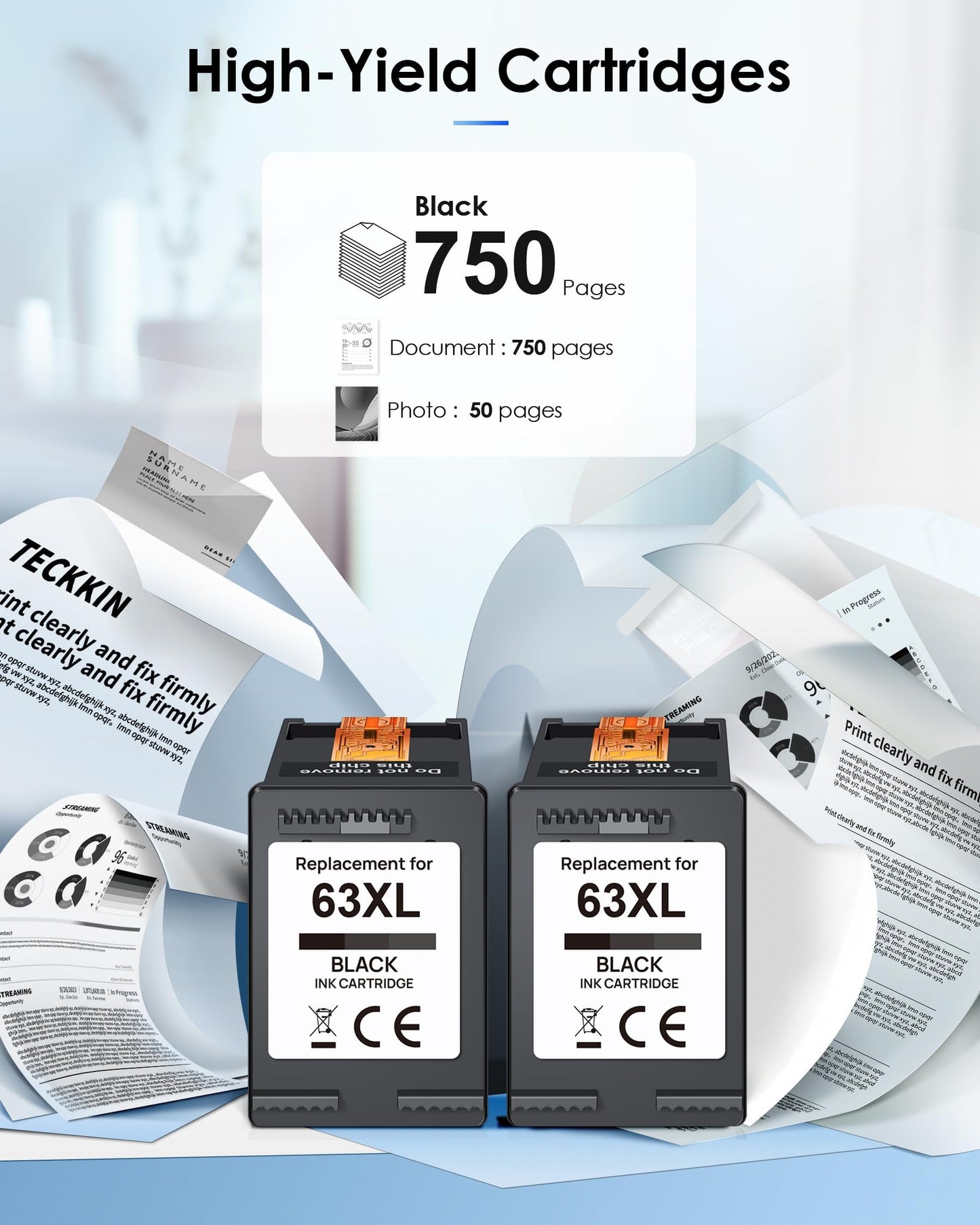 63XL Black Ink Cartridge for HP Ink 63 Replacement for HP 63 Black Ink Cartridge Works with HP Envy 4520 4512 OfficeJet 4650 3830 5255 5258 DeskJet 1112 2130 3630 2138 3634 F6U64AN (2 Black Pack)
