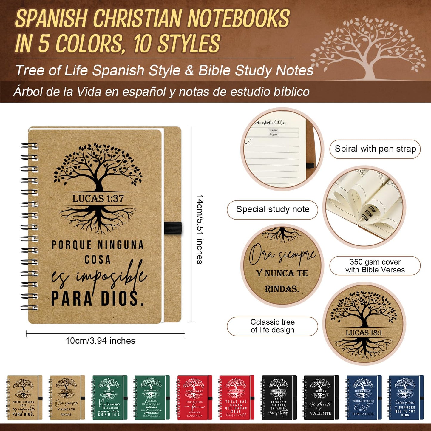 Sinload 40 Pcs/ 20 Set Father's Day Christian Gifts Bulk Prayer Journal Spiral Notebooks with Bible Verse Pen Tree of Life Scripture Notepad for Religious Church Men Dad Women (40, Spanish Classic)