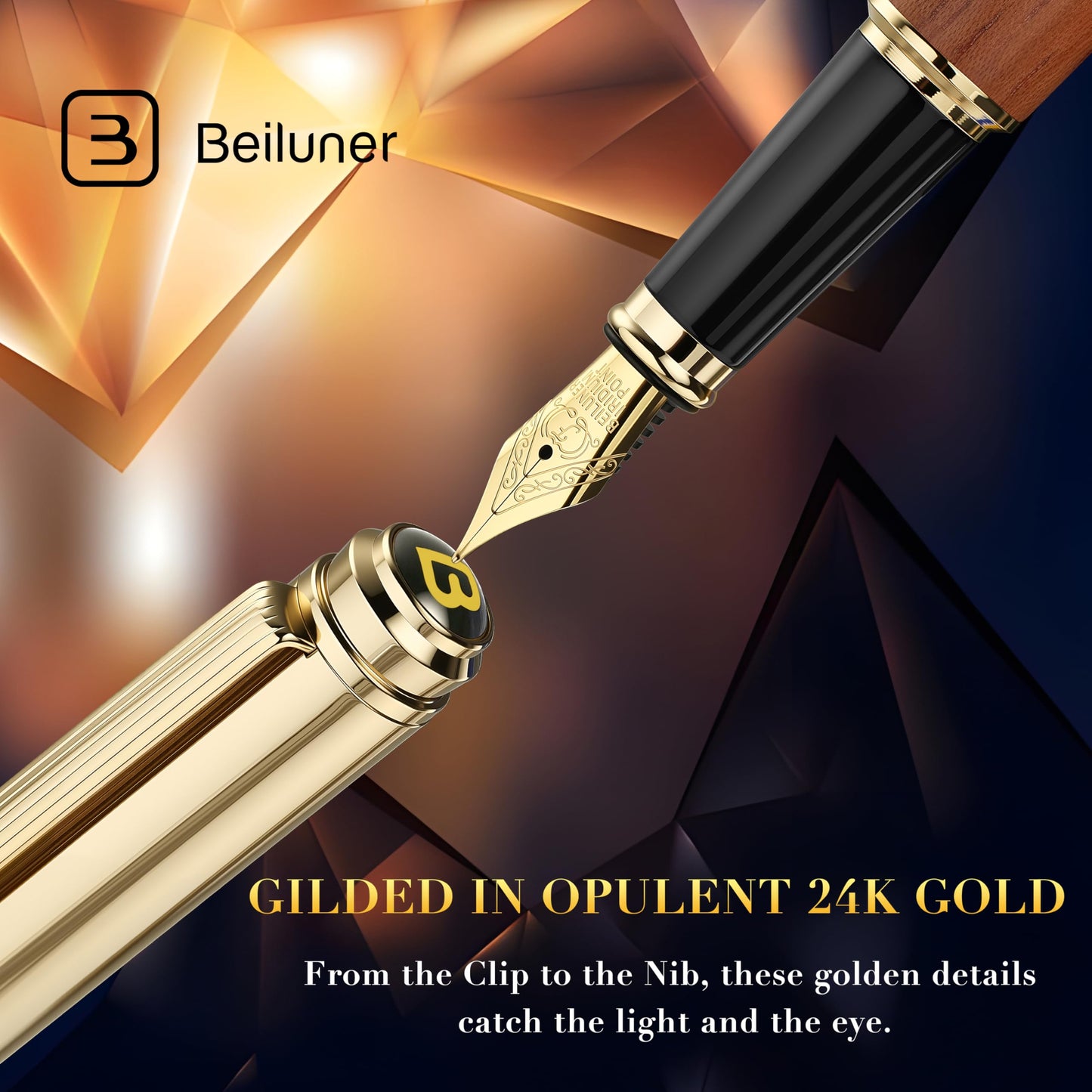 BEILUNER 316 Fountain Pen,Stunning Luxury Rosewood,24K Gilded Nib(Fine),Gorgeous 24K Gold Finish, Ink Converter,Nice Gift for Men&Women-Elegant,Executive,Christmas Pens for Writing