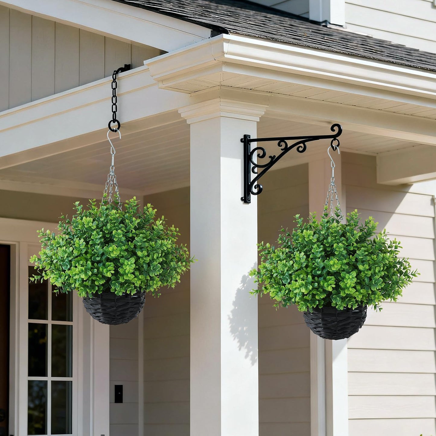 FOTEEWL Artificial Boxwood Hanging Baskets - 2 Sets of Hanging Plant Fake Bushes with Baskets,UV-Resistant Suitable for Outdoor,Porches,Eaves,Farmhouses,Courtyard Decorations