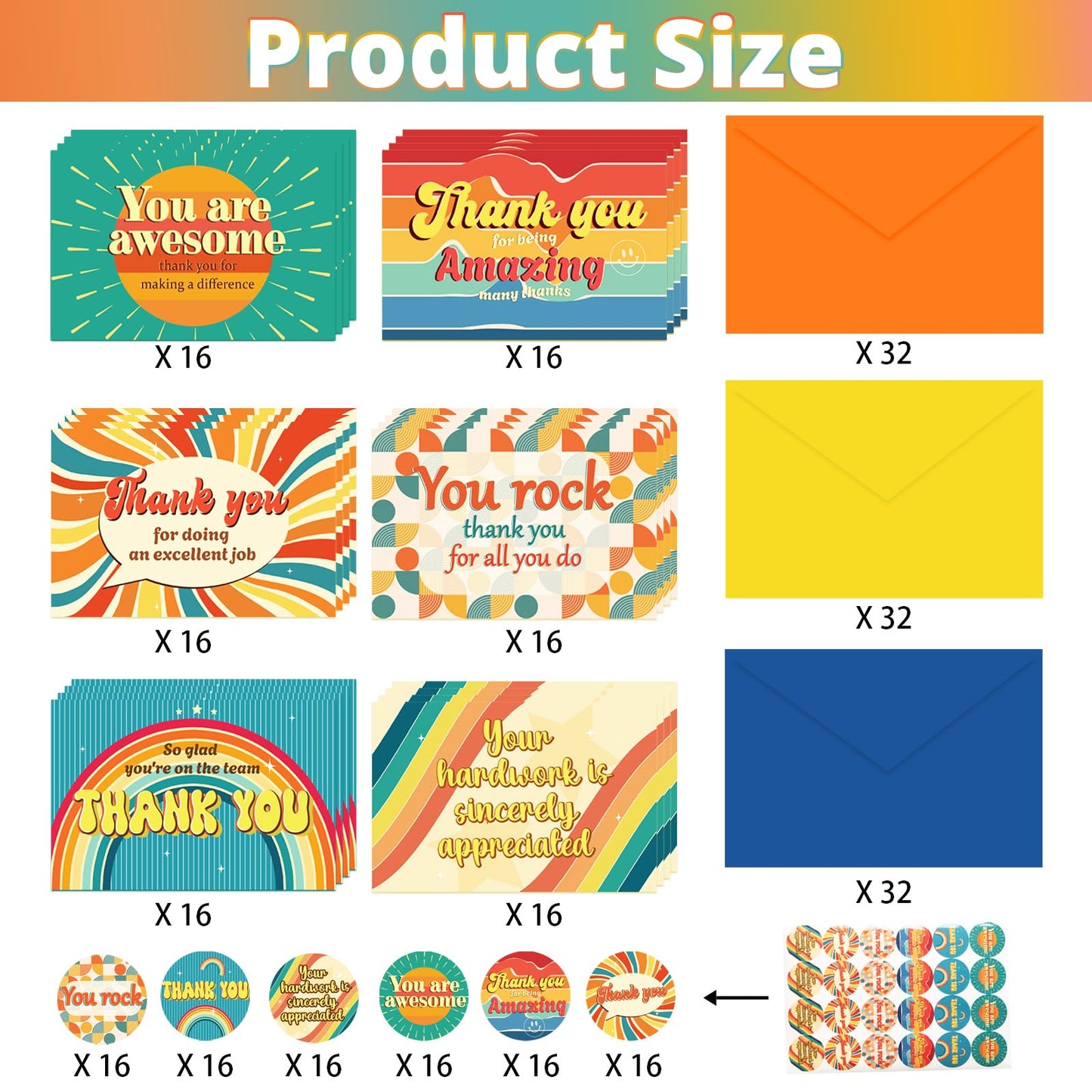 GRADESIN 96 Pack Employee Appreciation Thank you Cards for Coworkers with Envelopes & Stickers 4" x 6" Staff Appreciation Cards Gifts for Work Anniversary, 6 Designs