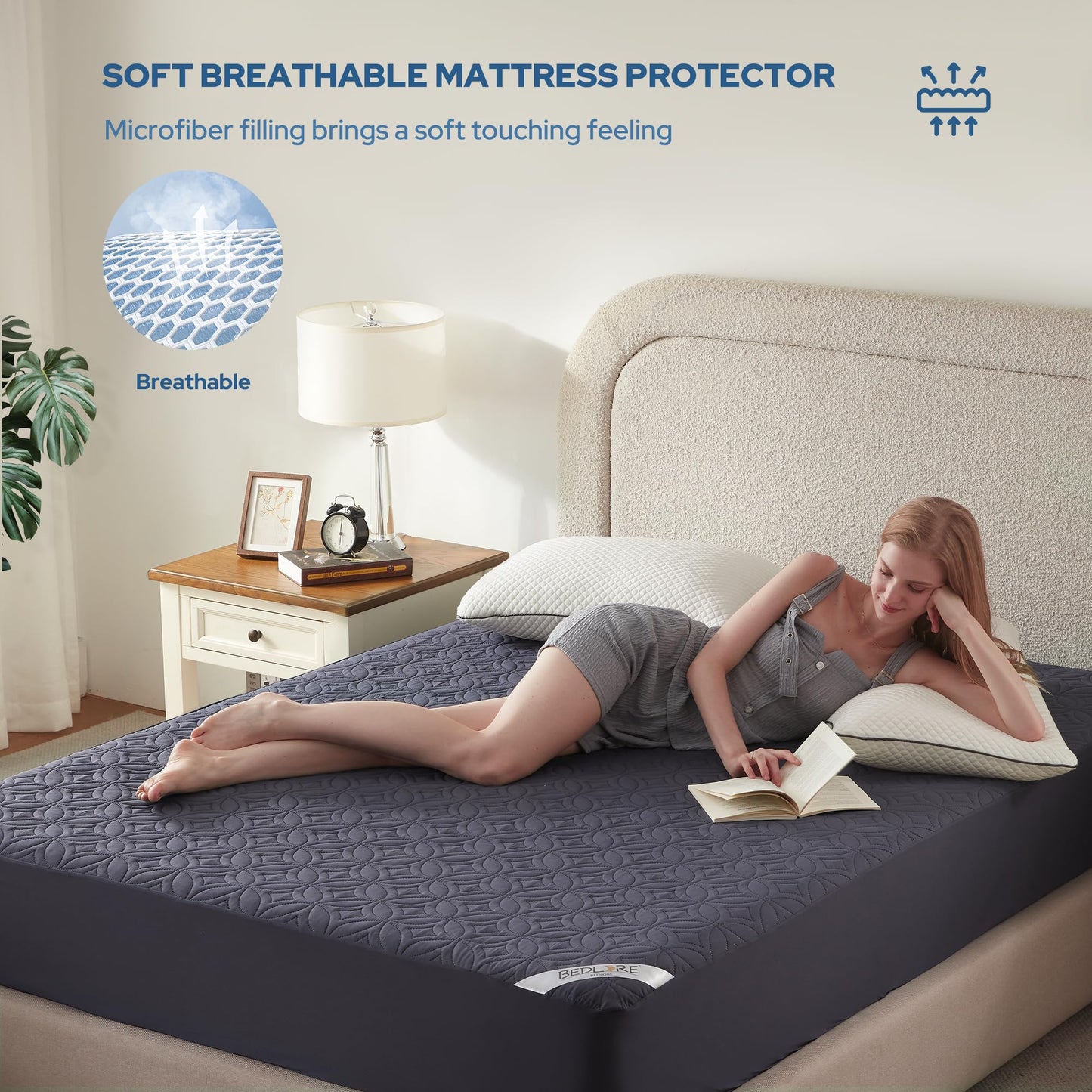 BEDLORE 2 Pack Waterproof Mattress Protector, Queen Size Mattress Pad with Deep Pocket 6"-18" Depth, Soft Breathable Bed Mattress Cover for Bedroom, College Dorm (Navy Blue)