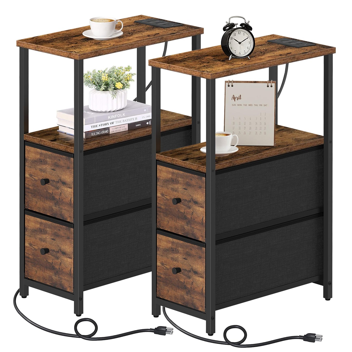 TUTOTAK Small Narrow End Table with Charging Station, Set of 2, Side Table with Outlets, Nightstand with 2 Cloth Drawers, Couch Table, for Living Room, Bedroom, Bedside, Brown TB01BB055