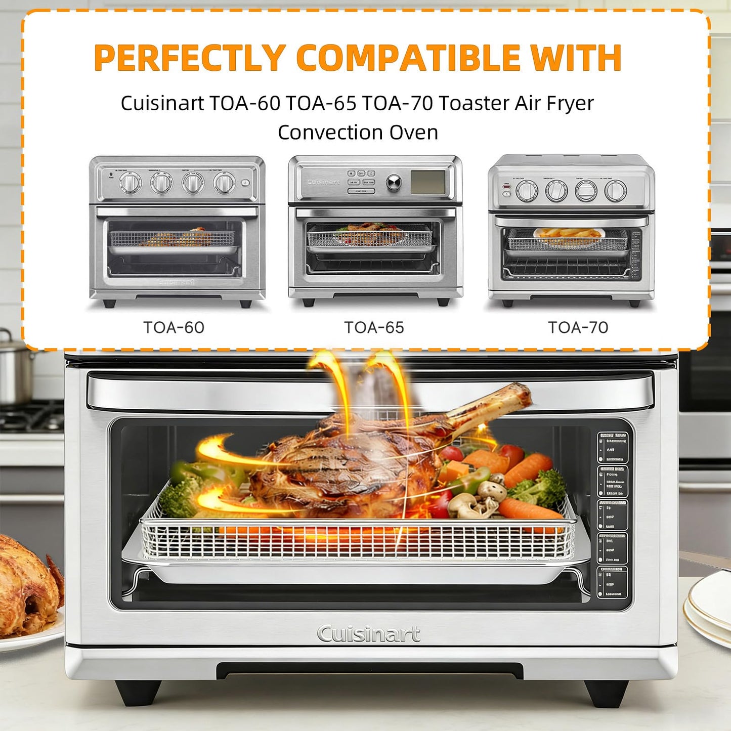 2 Set Oven Air Fryer Basket and Tray Replacement for Cuisinart Air Frye TOA-060 and TOA-065 Convection Oven, 12.4"x11" Stainless Steel Baking Sheet Pans and Mesh Basket, NonStick
