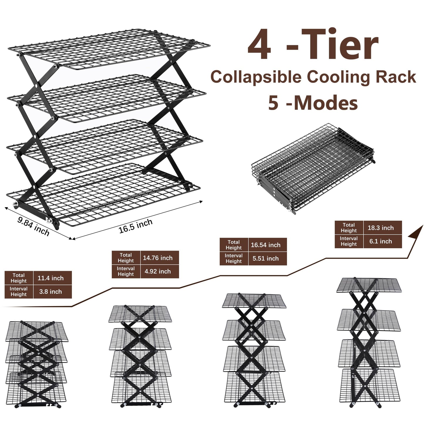 Pleafind 4 Tier Collapsible Cooling Rack - 3 Setting Design, Adjustable ＆ Stackable Baking Rack, 5 Modes Cooling Racks for Cooking and Baking, Roasting ＆ Grilling Gifts for Picnic Party