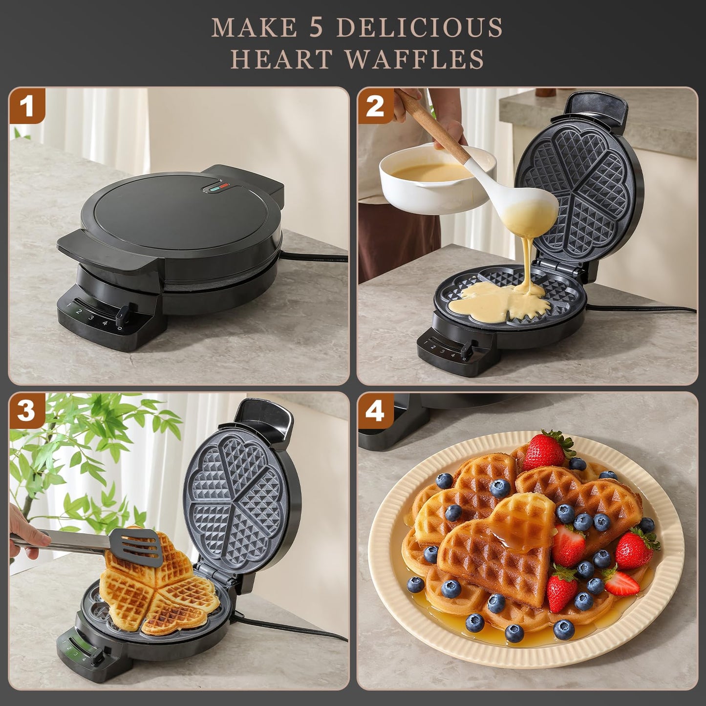 UVFAST Heart Waffle Maker, Heart Shaped Waffle Iron 5 Slices, Mini Waffle Makers with 8'' Non-stick Plates, Adjustable 5 Browning Control, Cool Touch Handle, Easy to Clean, Valentine's Day Gift, 1000W