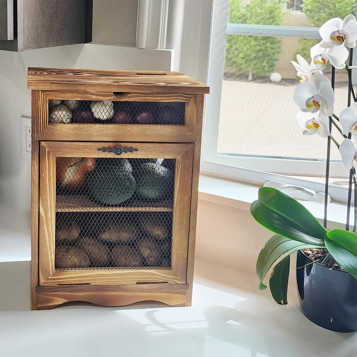 Ikee Design Free Assemble Wooden Countertop Potato and Onion Storage Bin Box,Countertop Cabinet, Wooden Bread Boxes, Potato Storage, Coffee Station, 11.8W x 6.8D x 16H in, Rustic Color