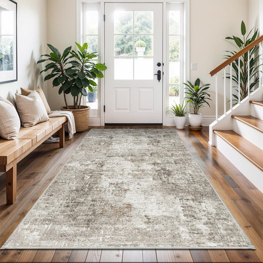 4x8 Washable Area Rug – Non-Slip Rubber Backed Indoor Rug for Entryway, Kitchen, Hallway | Modern Abstract Neutral Low Pile Thin Floor Mat for Bedroom, Living Room, Office (Beige/Grey)