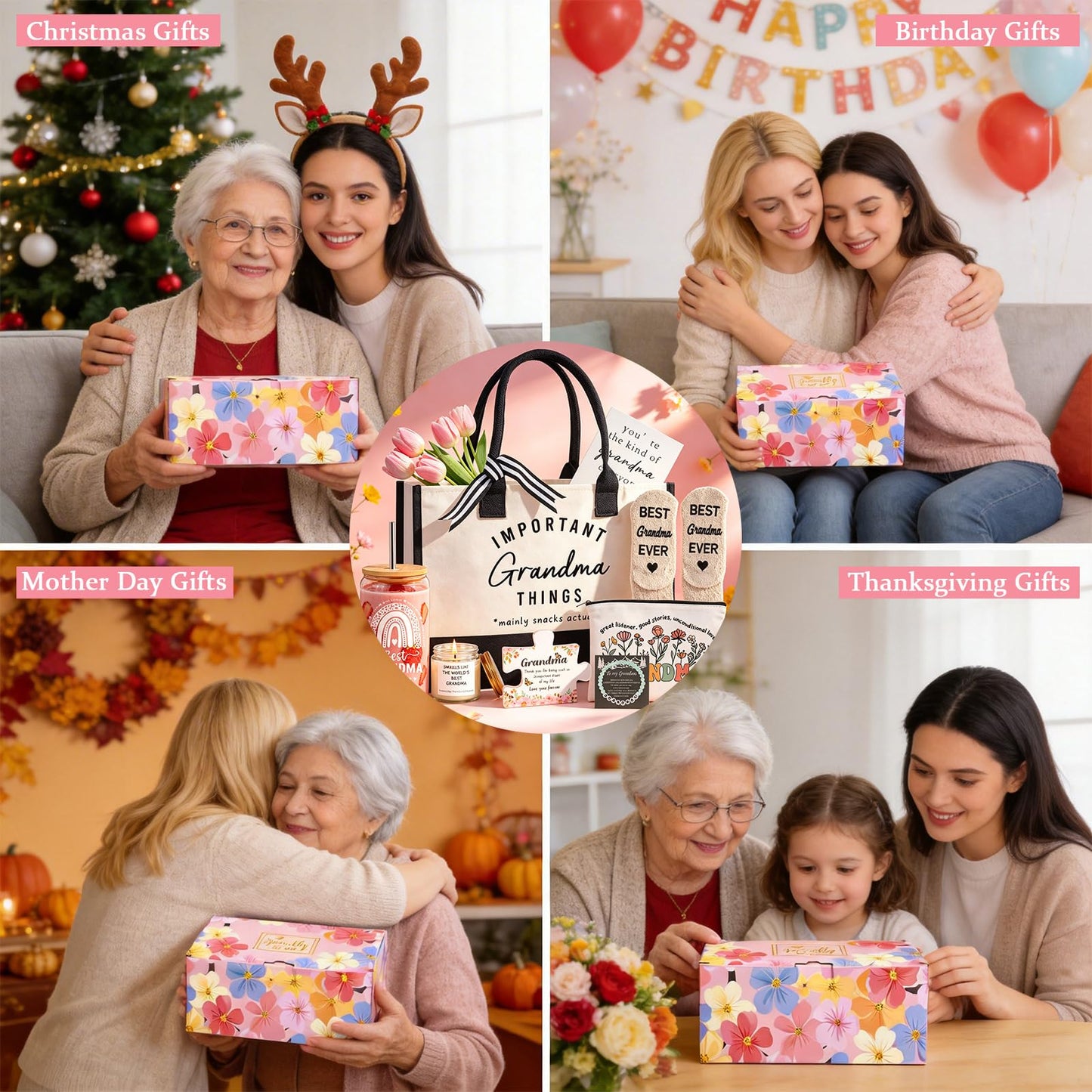 Mothers Day Birthday Gifts Basket for Grandma, New Grandma Gifts for Mothers Day, Grandmas Gift for Birthday, Grandmother Gift from Granddaughter Grandson Grandchildren Grandkids, Grandmas Presents