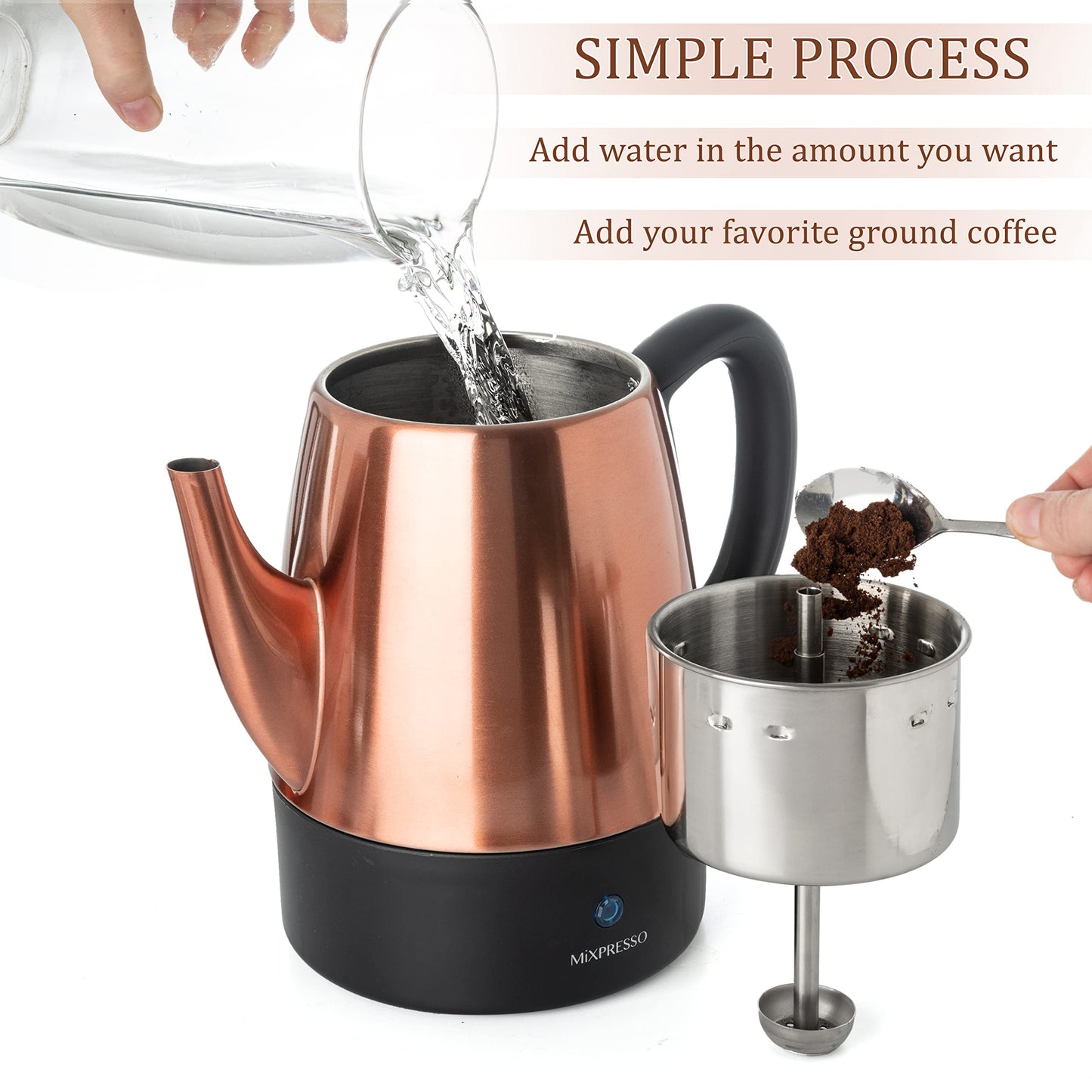 Mixpresso 4 Cup Percolator Coffee Pot Electric, Copper Stainless Steel Coffee Percolator Electric With Keep Warm Function, Classic Perculator Pot With Removable Basket for Home or Office