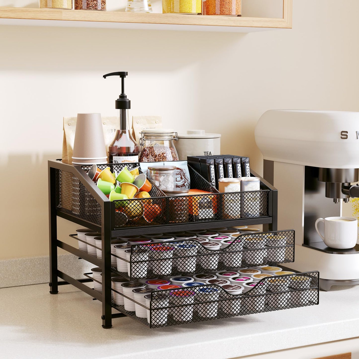 Homsorout Coffee Bar Organizer - Coffee Station for Countertop, Metal and Wood K Cup holder Storage Basket for Syrup, Cups, Stirrer, Condiment, Tea Organizer, Black