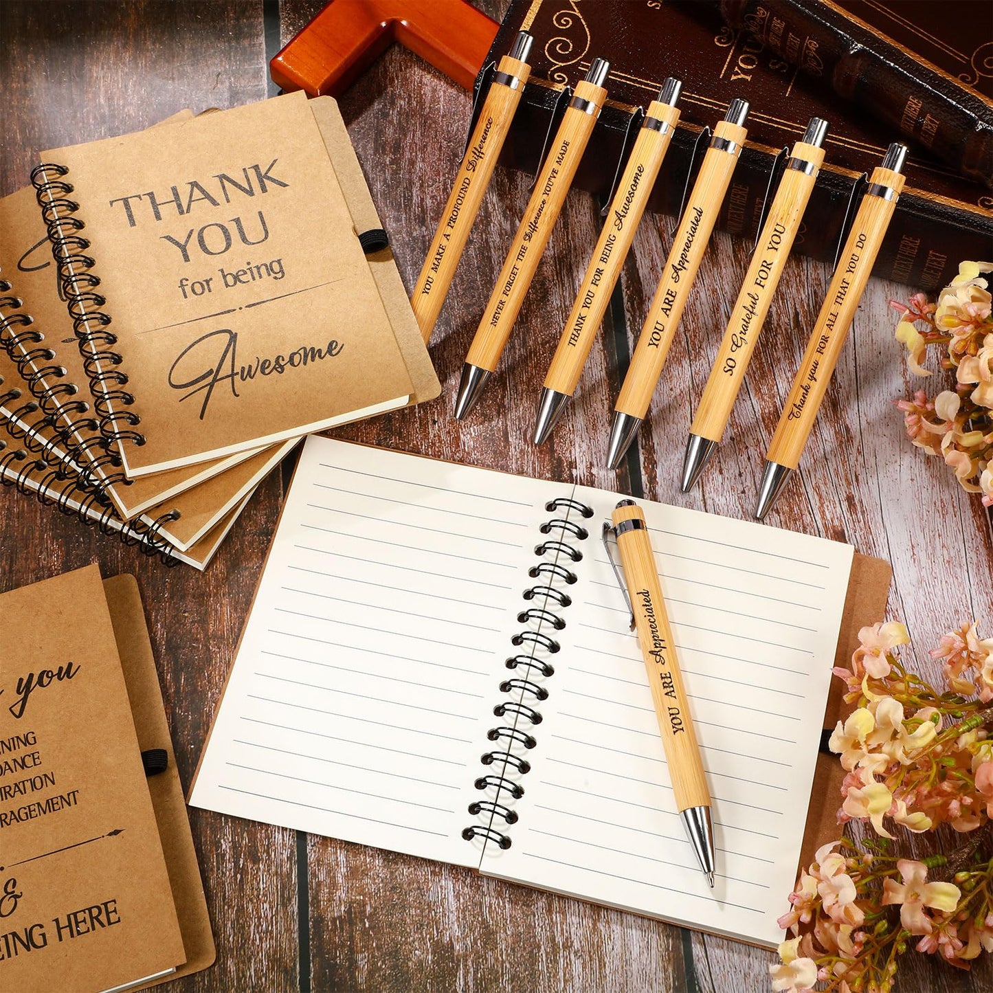 Glenmal 60 Pcs Thank You Gift Set Include Spiral Inspirational Notebooks Retractable Motivational Pens Employee Appreciation Gift Bulk Ruled Kraft Notebook Bamboo Thank You Pen for Teacher Coworker