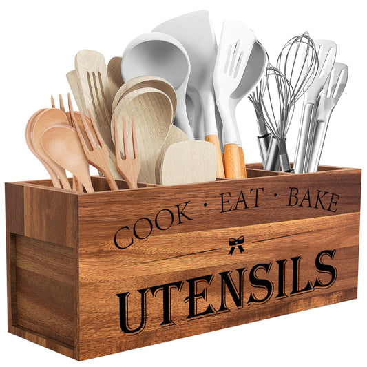 Suli Acacia Wood Utensil Holder for Kitchen Counter,Extra Large Utensils Holder with 4 Compartments,Caddy Organizer for Countertop, Farmhouse Kitchen Decor, Rustic Cooking Utensil-Acacia Brown