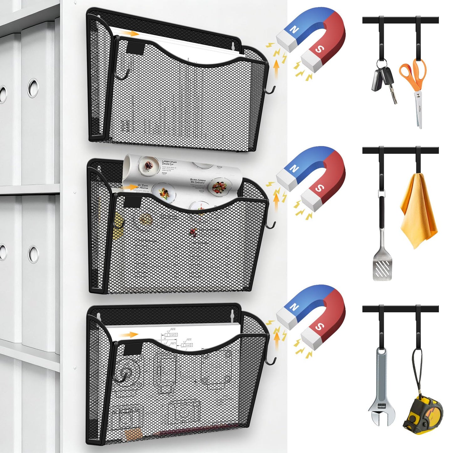 Magnetic File Holder, 3PCS Wall Hanging File Paper Mail Organizer with Removable Hooks, No Drilling Magazine Document Holder for Whiteboard, Refrigerator, File Cabinets, Washing Machine, Office,Black