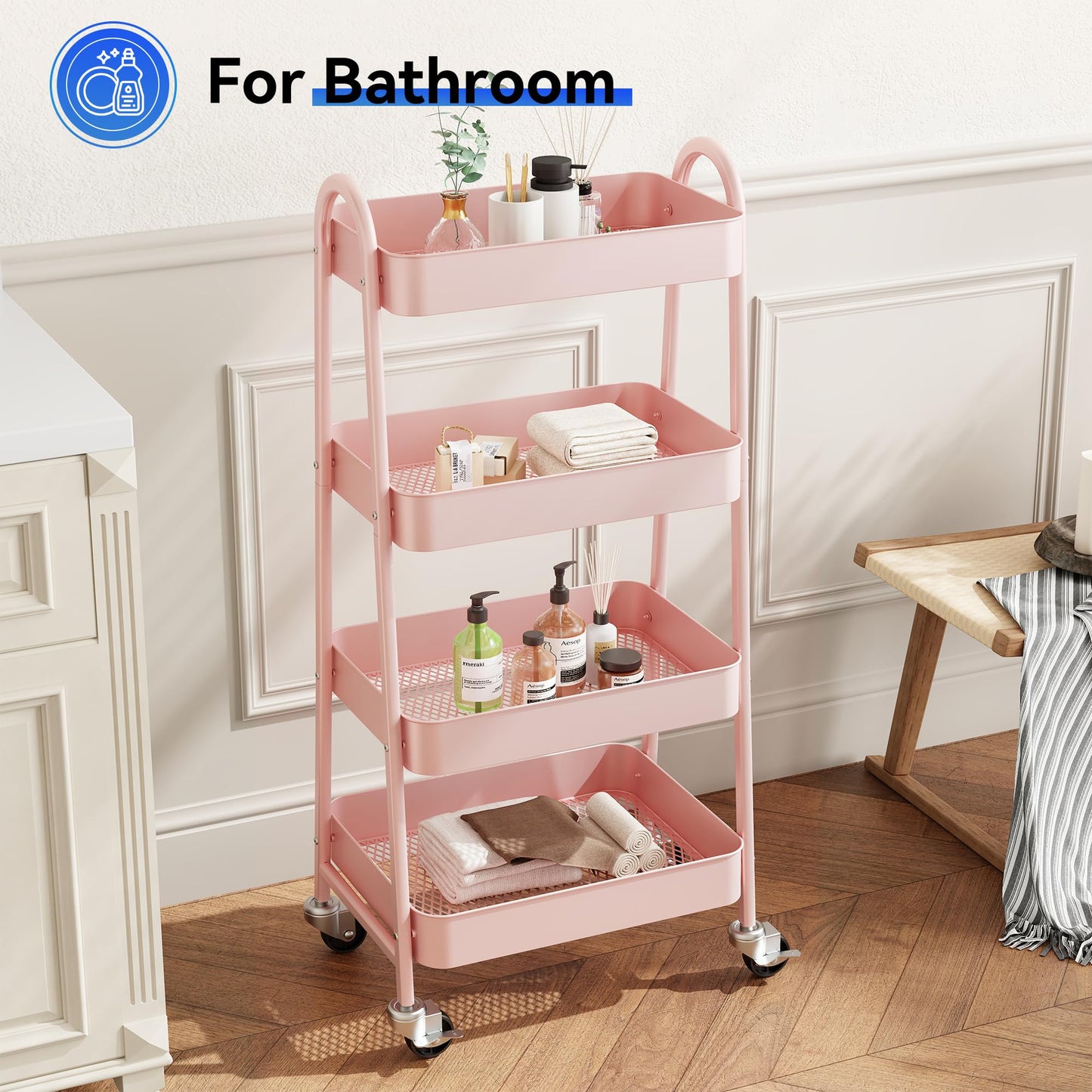 OLIXIS Metal 4 Tiers Utility Rolling Cart, Mobile Storage Shelf with Lockable Caster Wheels, Organization for Livingroom, Bathroom & Narrow Places, 4-Tier Pink