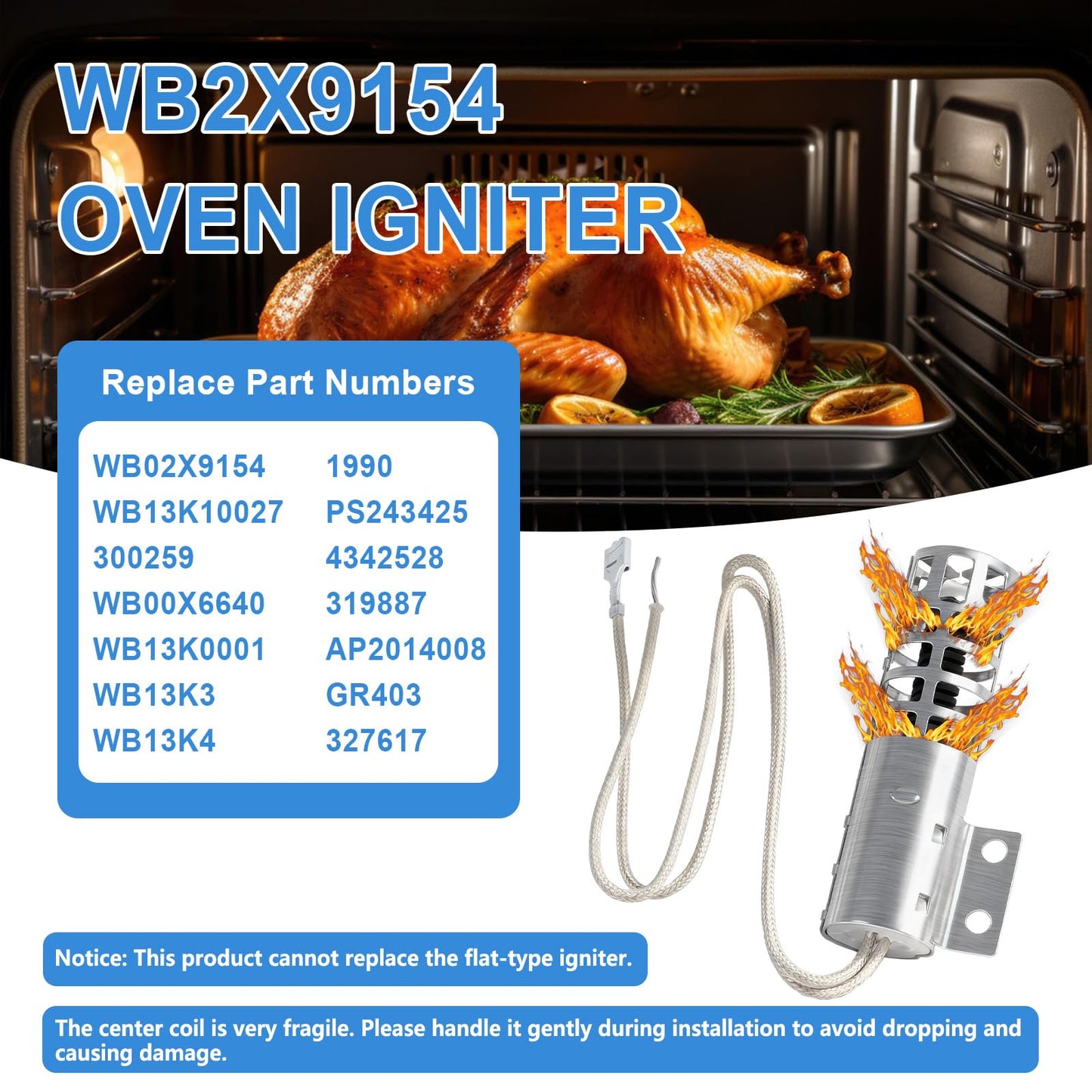WB2X9154 Oven Igniter Compatible with GE/Kenmore/Hotpoint/Roper XL44 Round Gas Range Stove Broiler Igniter Replacement WB13K10027 WB13K3 WB13K4 PS243425 AP2014008 GR403,3-1/2 Inches long 115V 2.5-3.0A